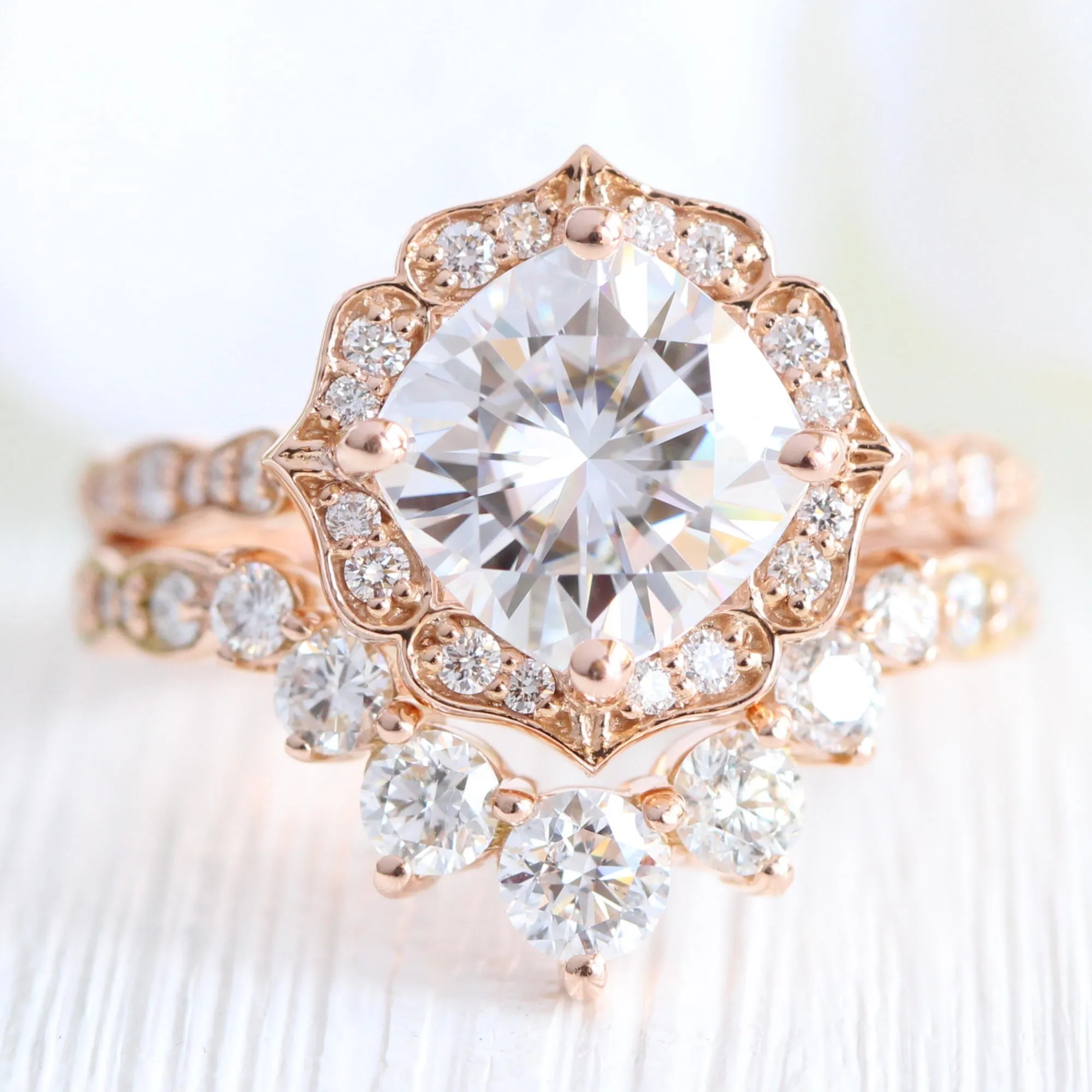 Large Cushion Moissanite Ring in Vintage Floral Diamond Band