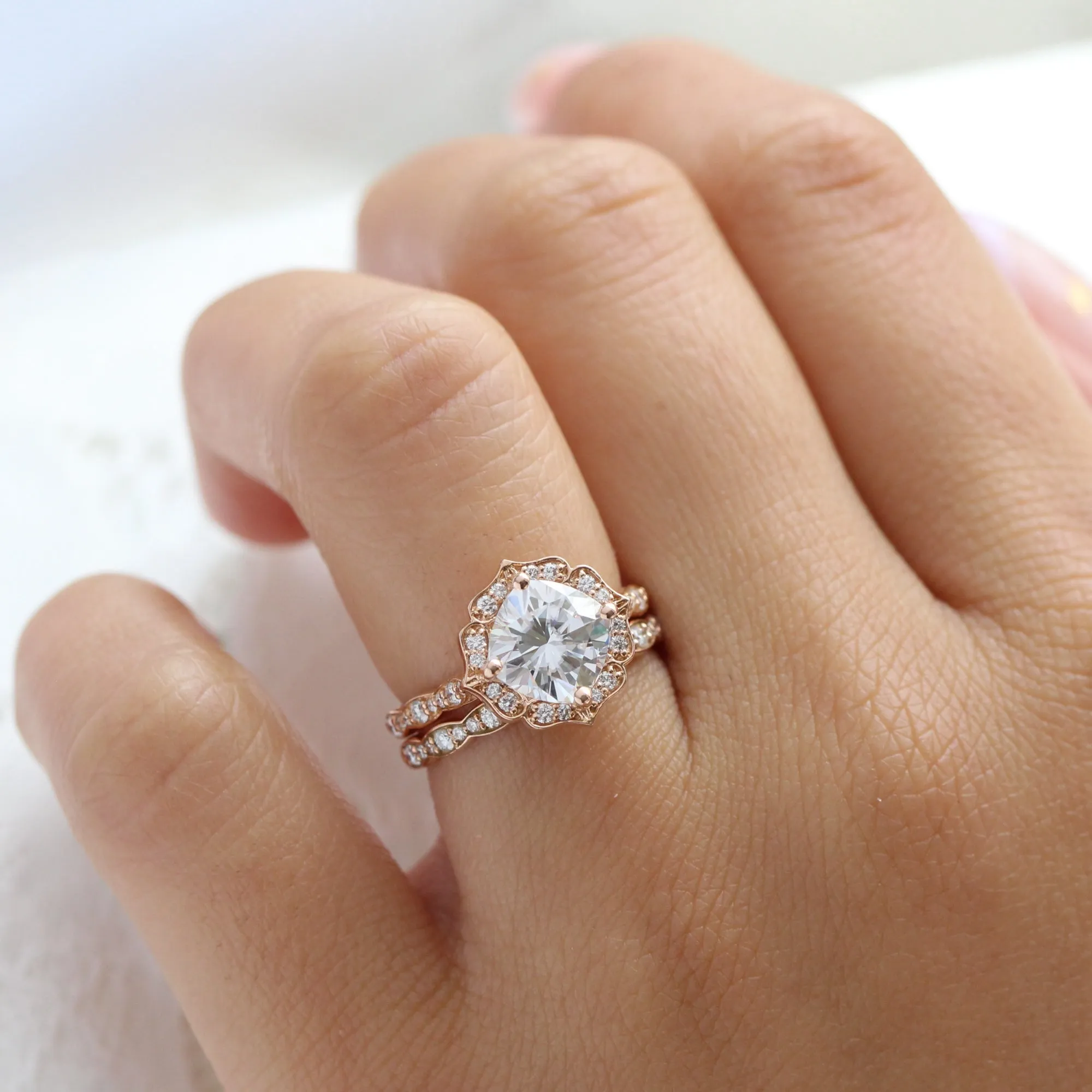 Large Cushion Moissanite Ring in Vintage Floral Diamond Band