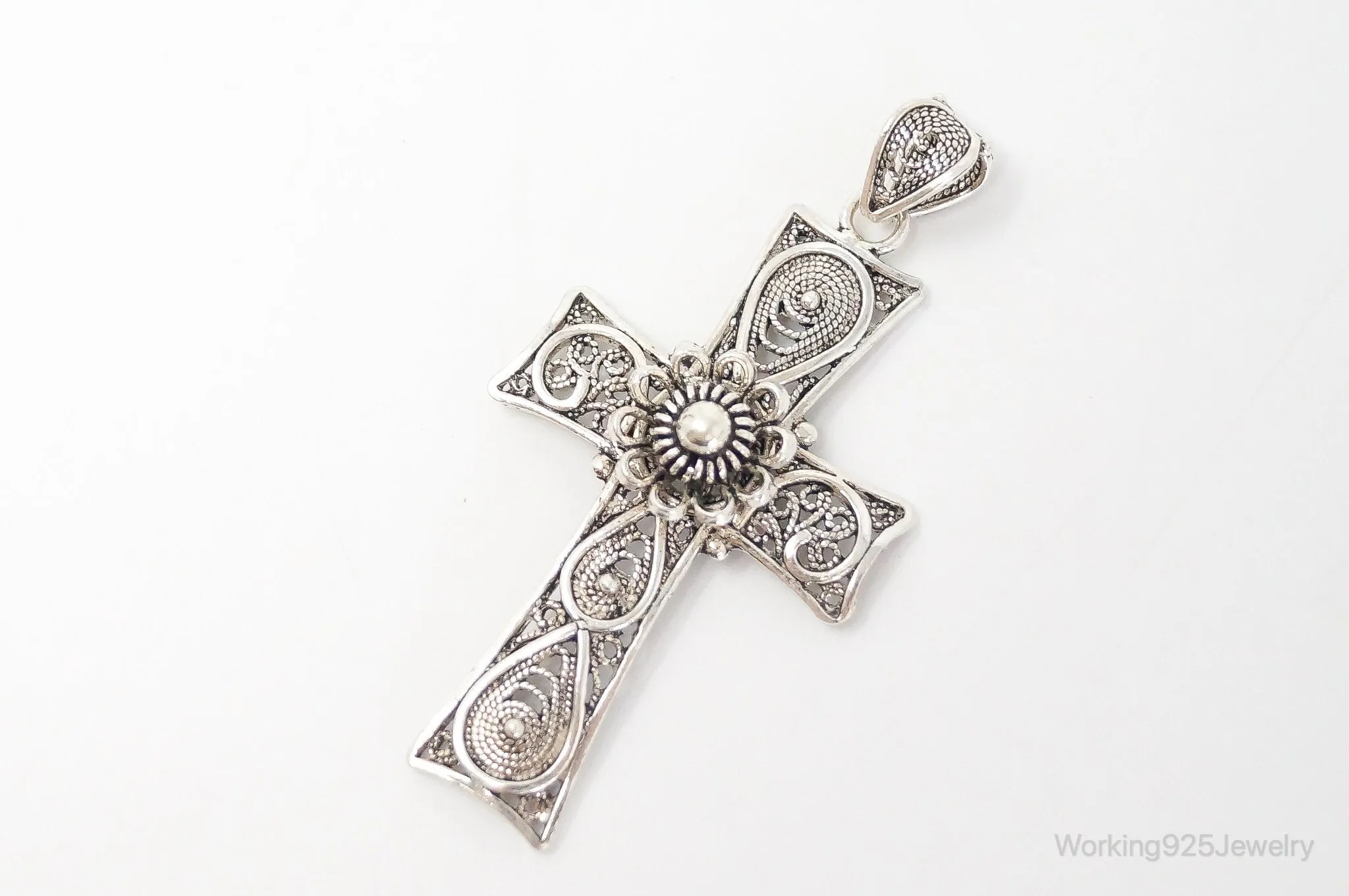 Large Designer DGS Intricate Filigree Cross Sterling Silver Pendant