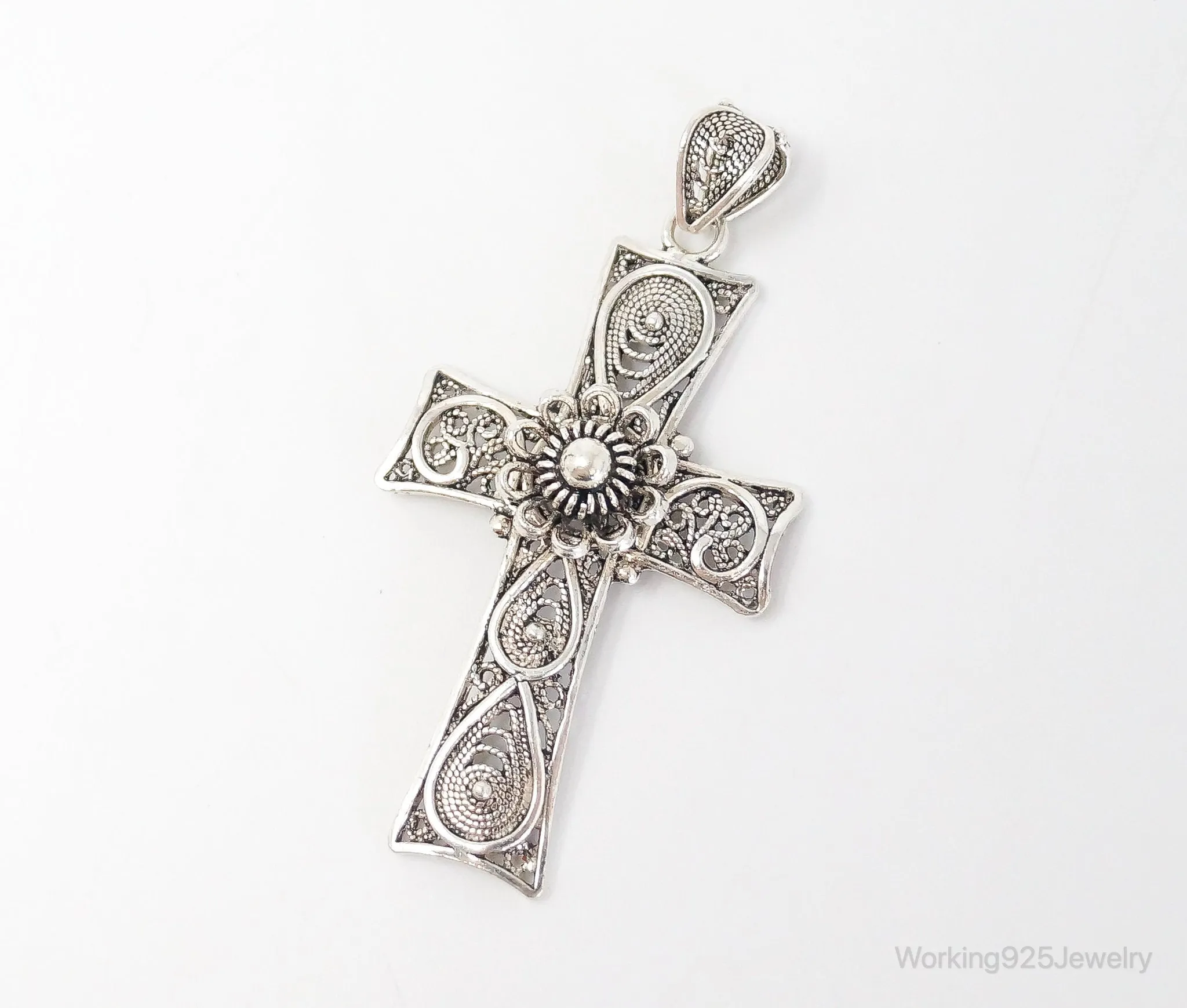 Large Designer DGS Intricate Filigree Cross Sterling Silver Pendant