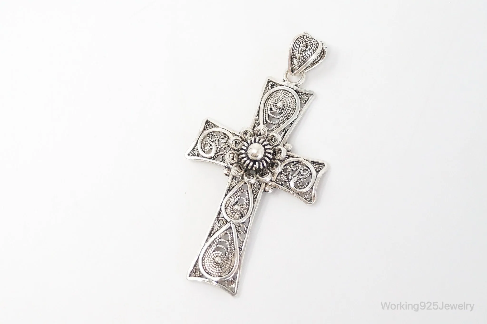 Large Designer DGS Intricate Filigree Cross Sterling Silver Pendant