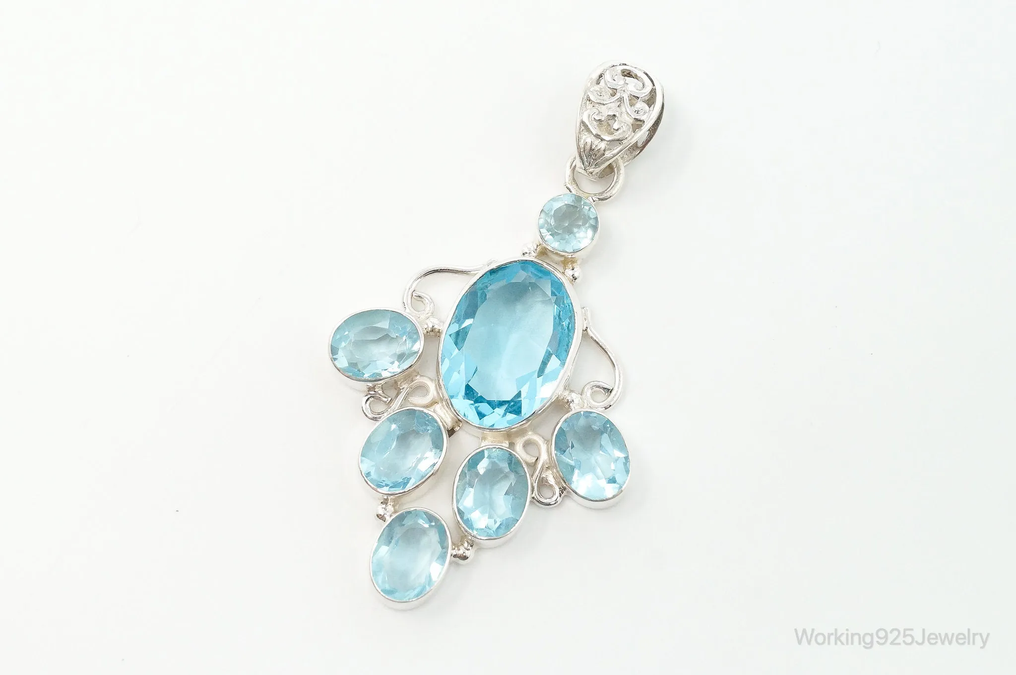 Large Vintage Blue Topaz Sterling Silver Necklace Pendant