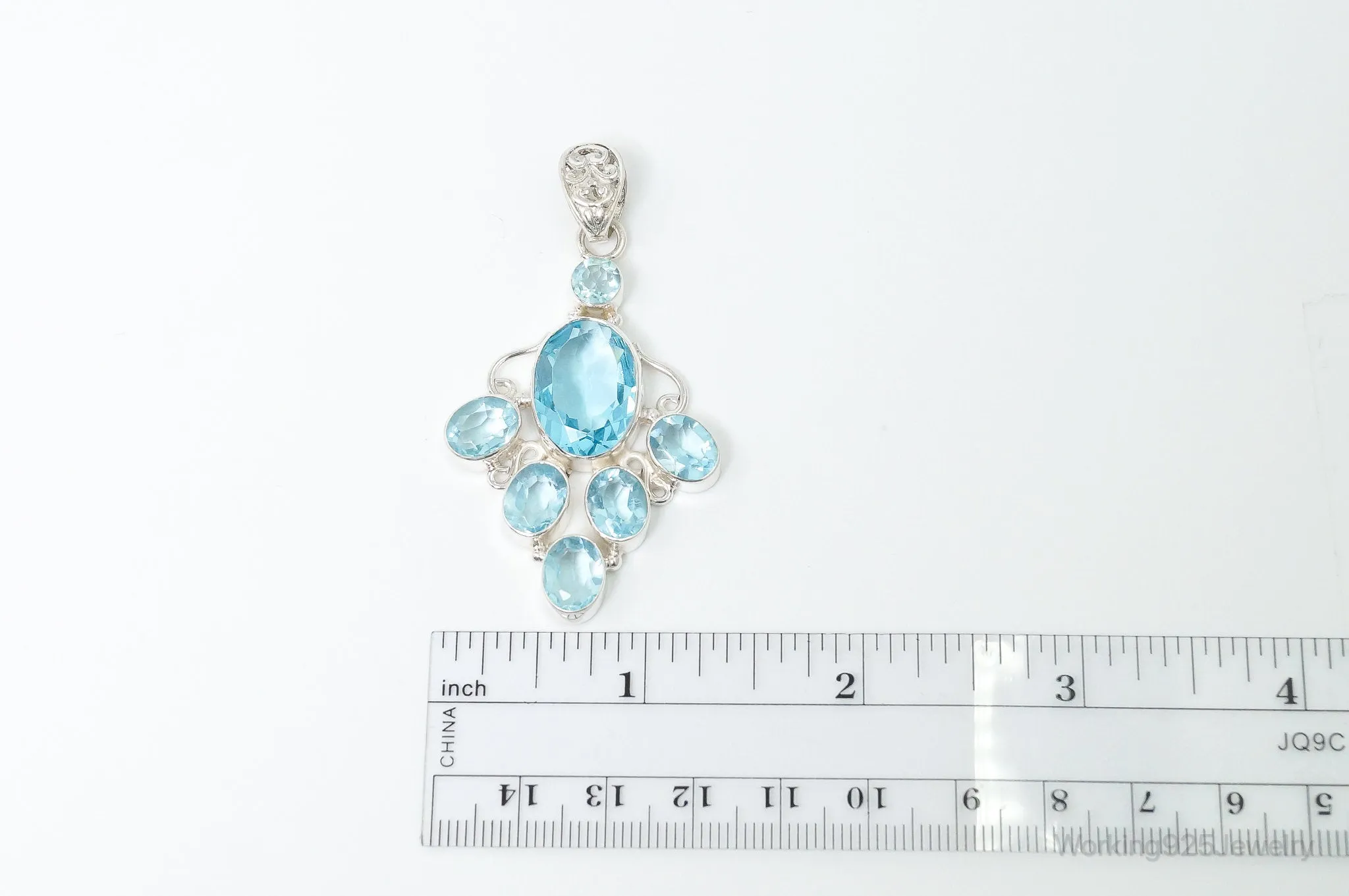 Large Vintage Blue Topaz Sterling Silver Necklace Pendant