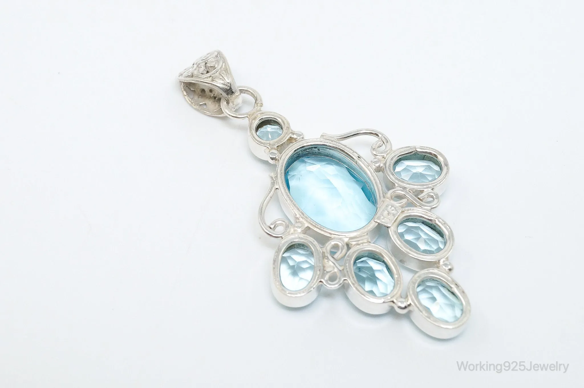 Large Vintage Blue Topaz Sterling Silver Necklace Pendant