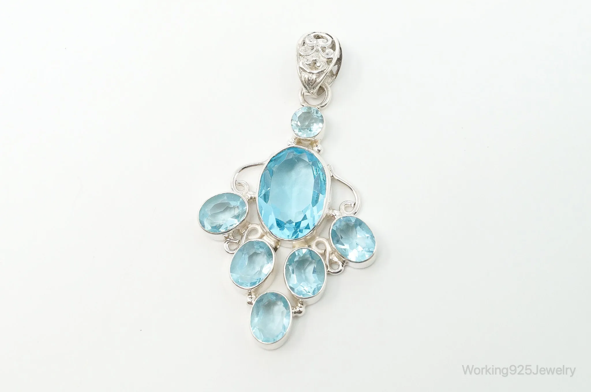 Large Vintage Blue Topaz Sterling Silver Necklace Pendant