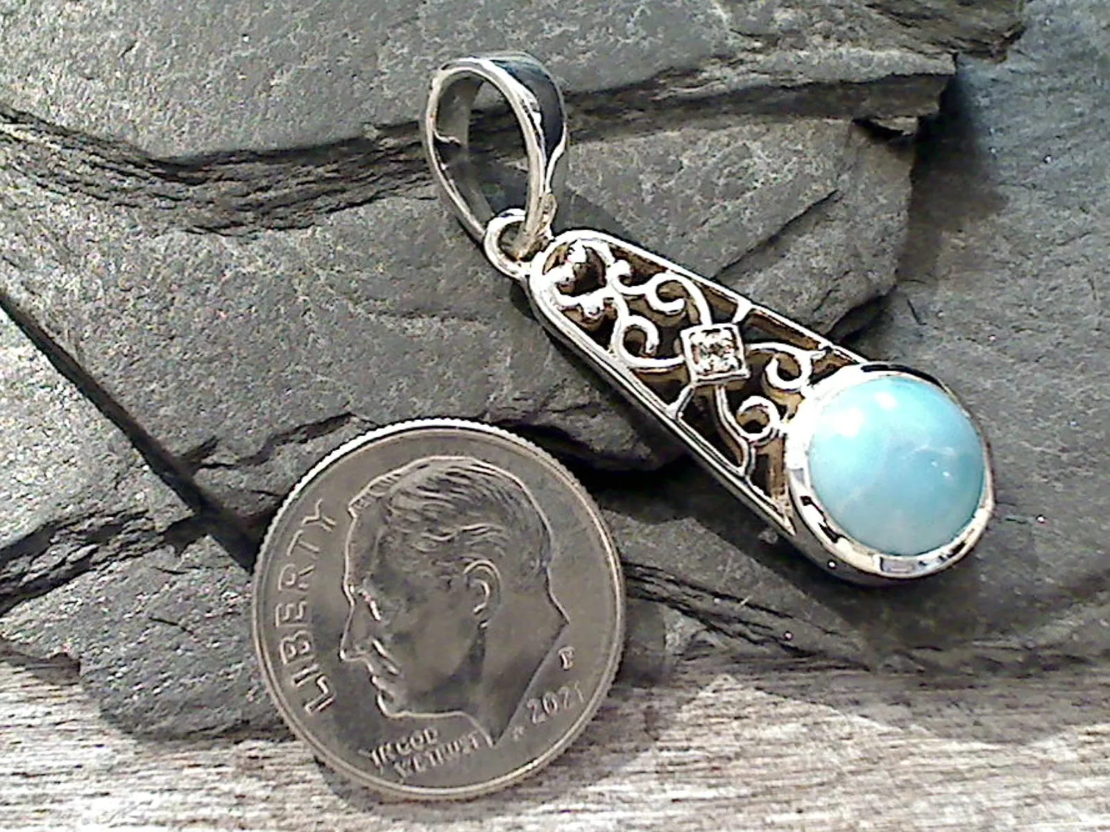 Larimar, CZ, Sterling Silver Small Pendant