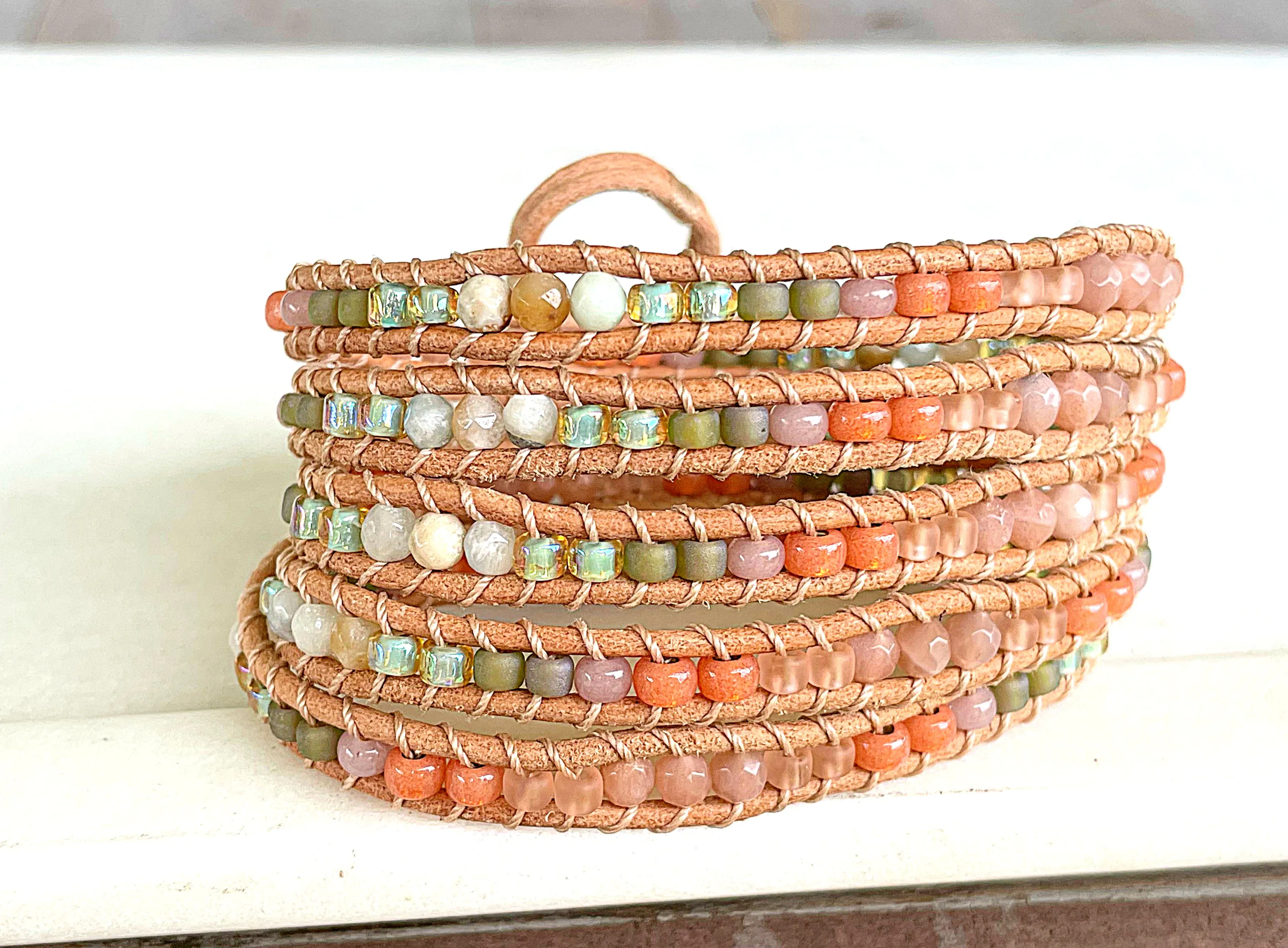 Leather Beaded 5x wrap bracelet with Sunstone and Amazonite