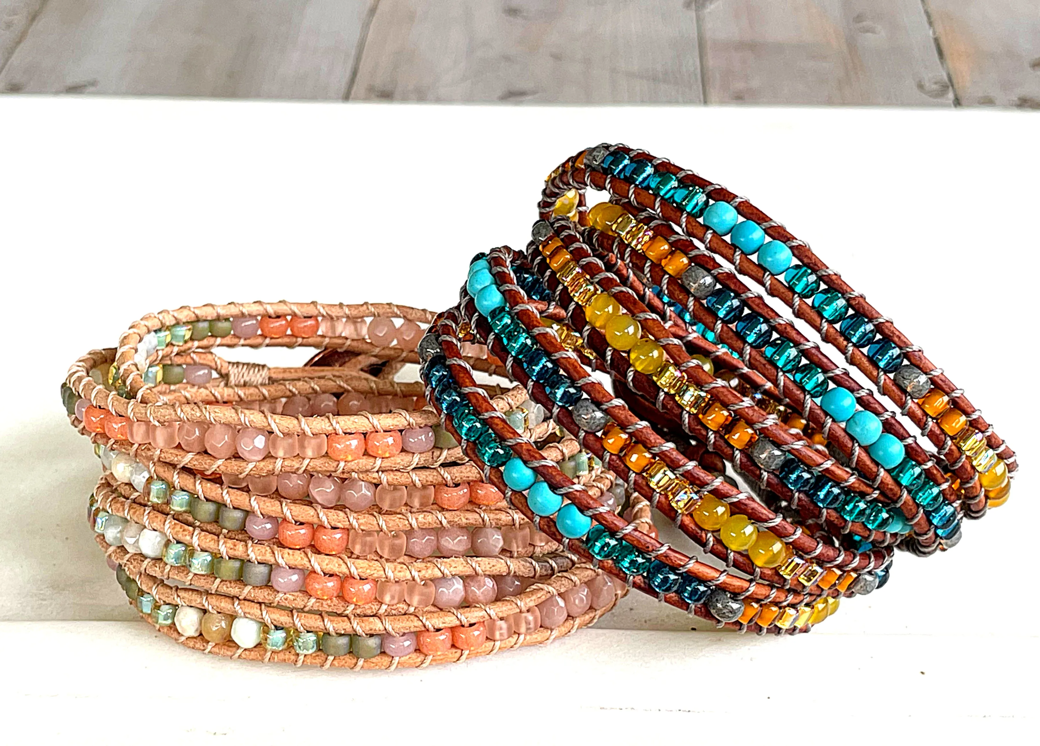 Leather Beaded 5x wrap bracelet with Sunstone and Amazonite