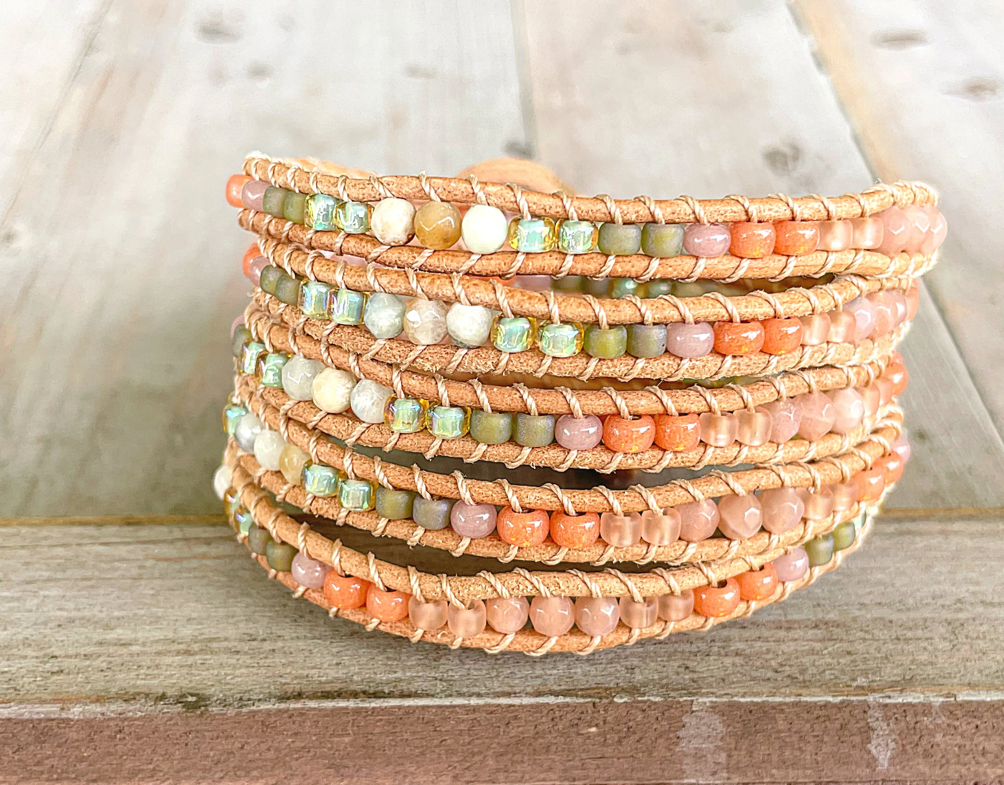 Leather Beaded 5x wrap bracelet with Sunstone and Amazonite