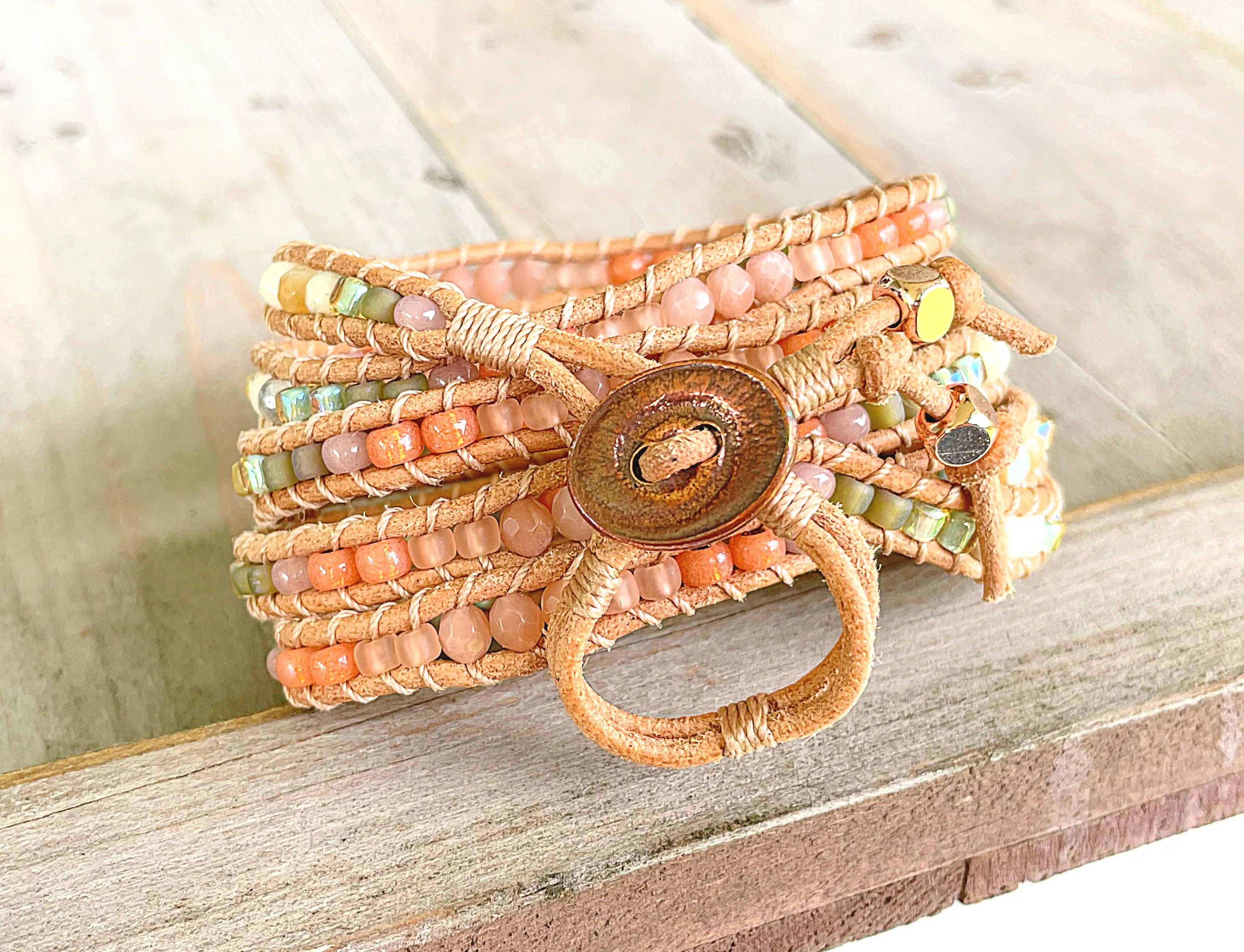 Leather Beaded 5x wrap bracelet with Sunstone and Amazonite