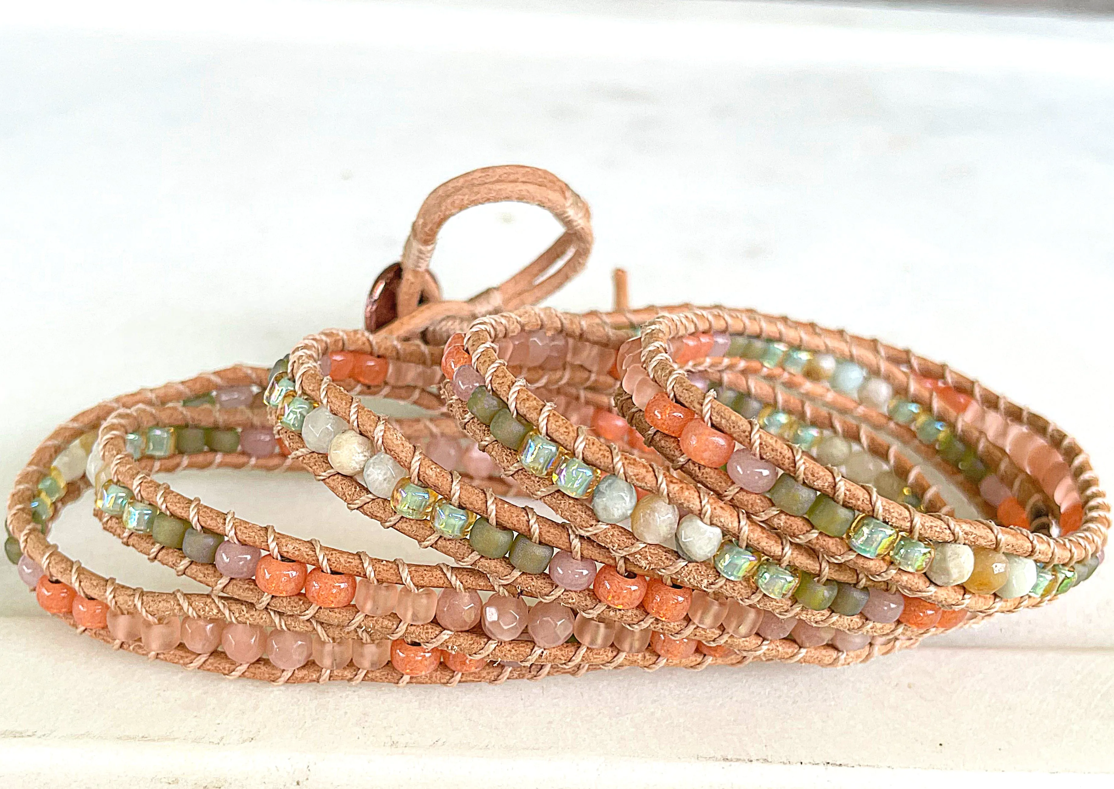 Leather Beaded 5x wrap bracelet with Sunstone and Amazonite