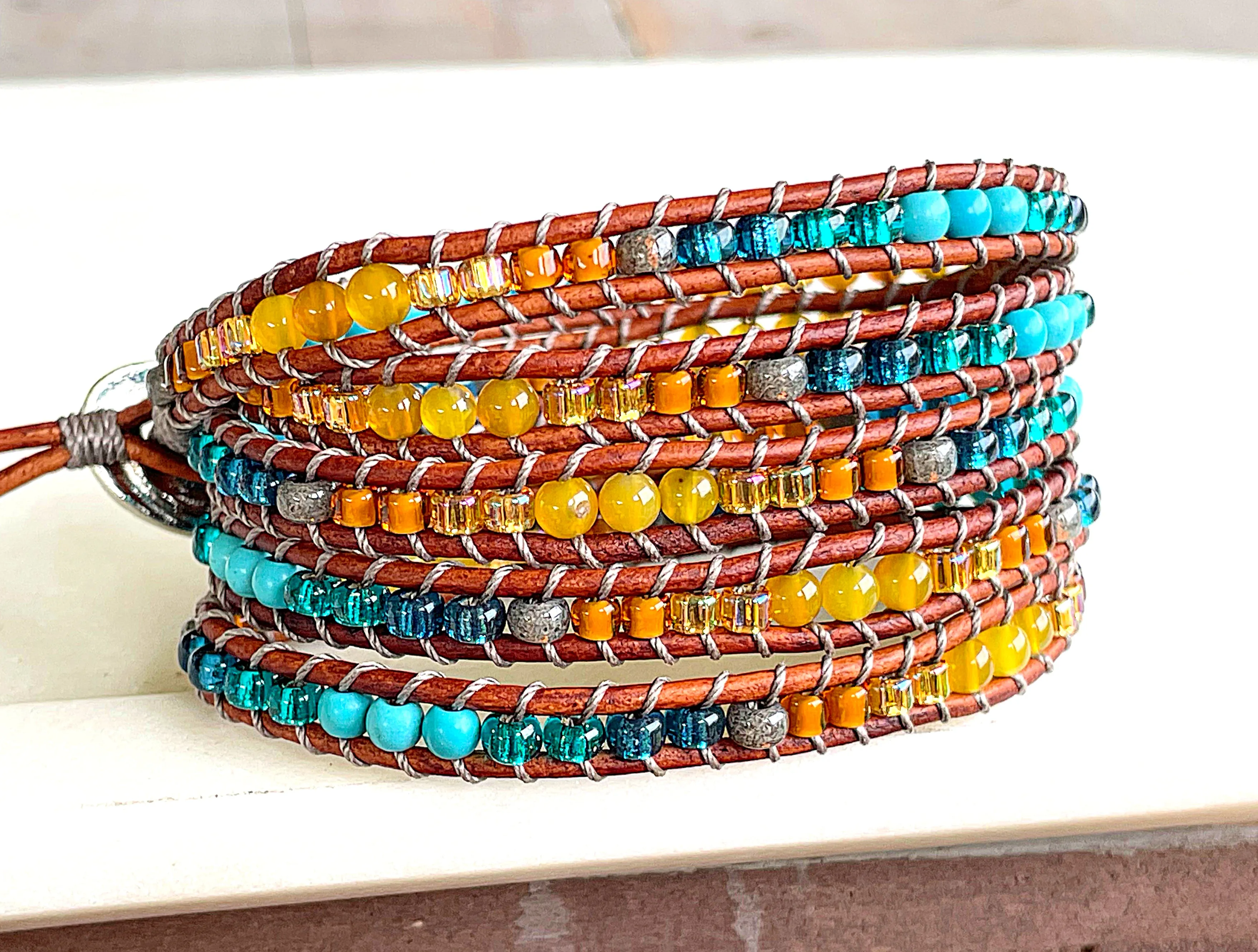 Leather Beaded 5x wrap bracelet with Sunstone and Amazonite