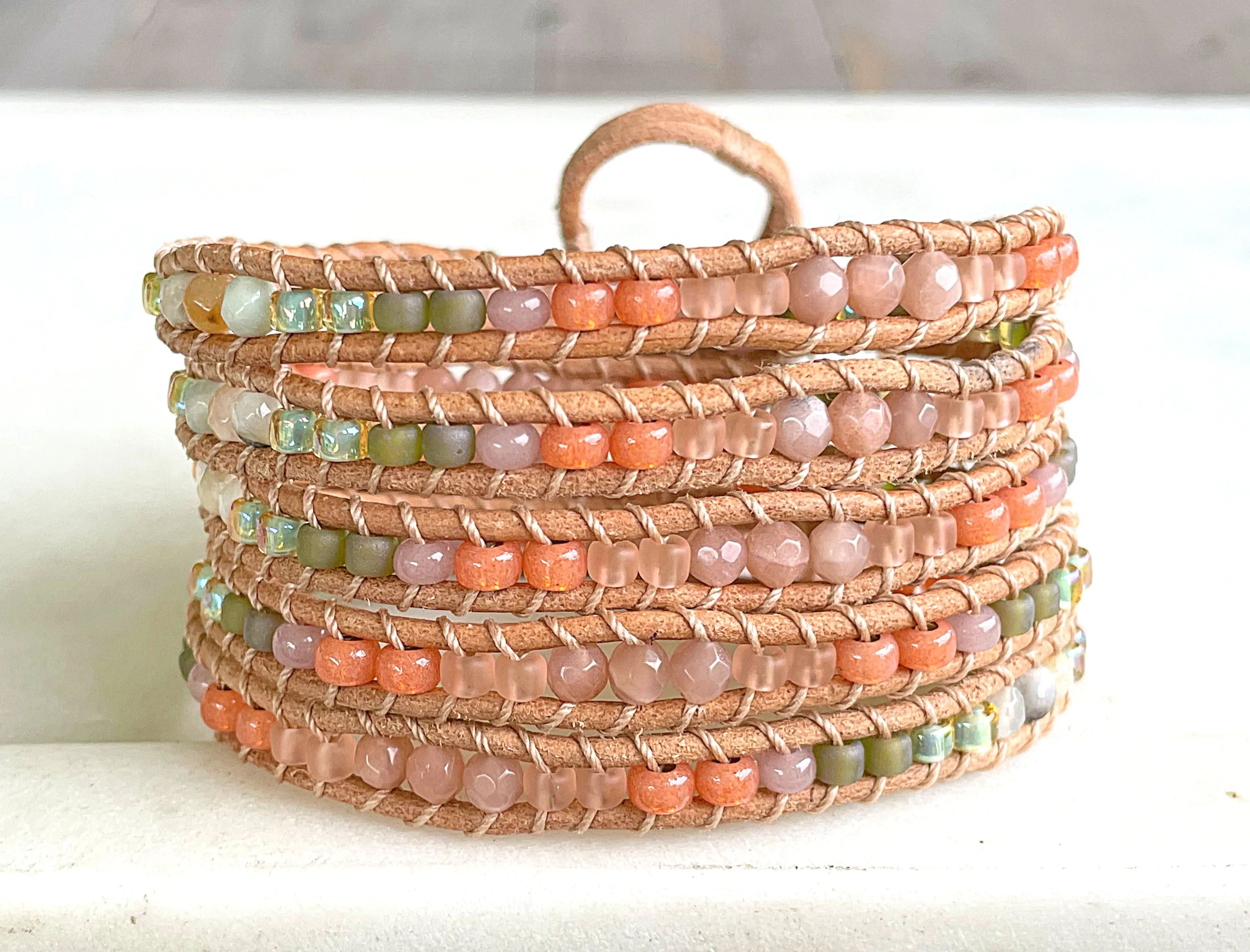 Leather Beaded 5x wrap bracelet with Sunstone and Amazonite