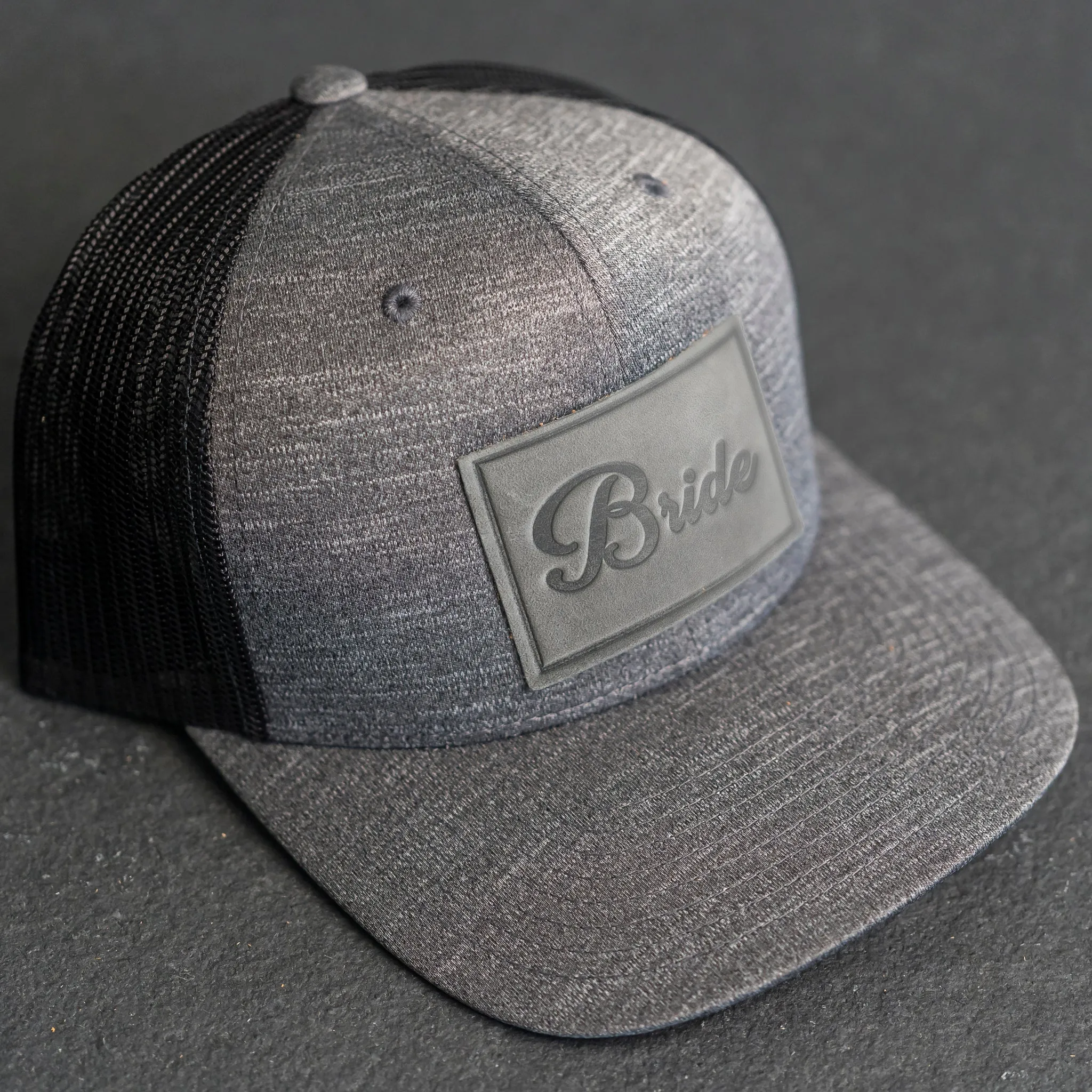 Leather Patch Performance Style Trucker Hat - Bride and Groom Stamp (cursive)