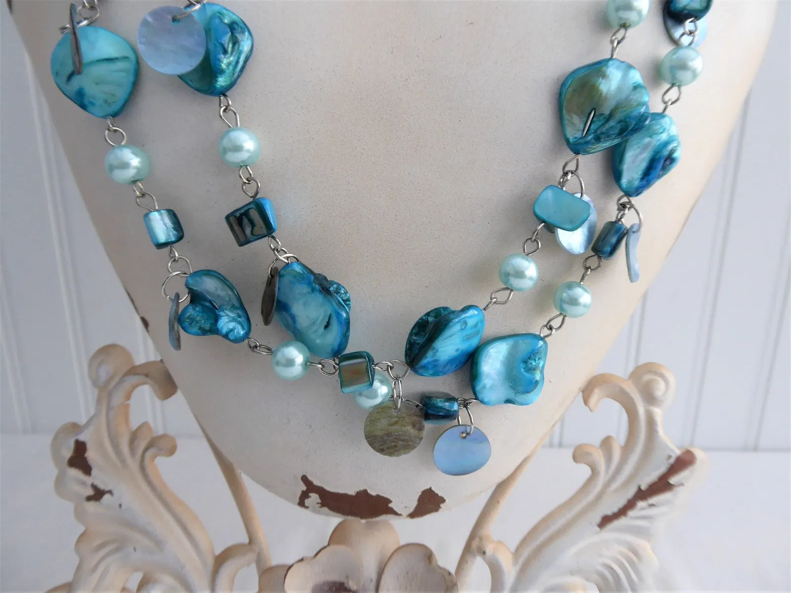 Long Beaded Necklace Turquoise Dyed Shell Beads Dangles Blue Pearl Beads 48 In