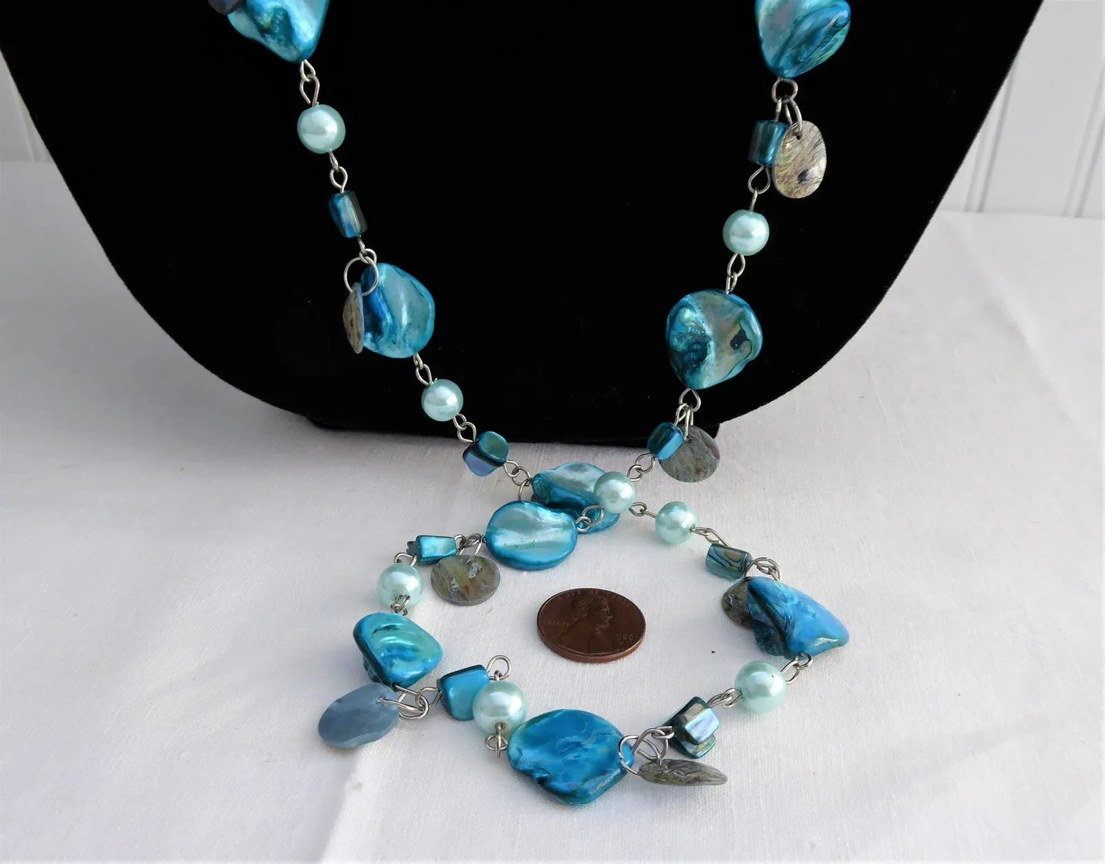 Long Beaded Necklace Turquoise Dyed Shell Beads Dangles Blue Pearl Beads 48 In