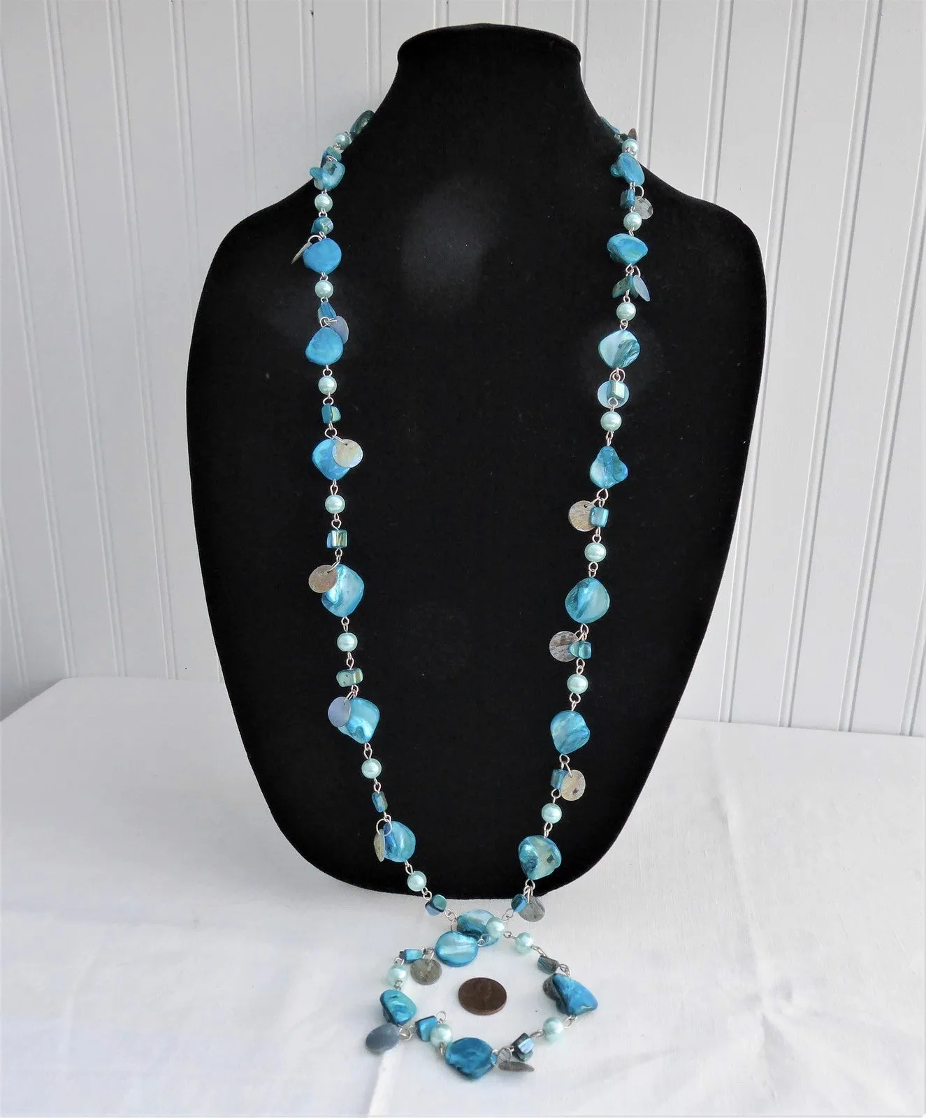 Long Beaded Necklace Turquoise Dyed Shell Beads Dangles Blue Pearl Beads 48 In