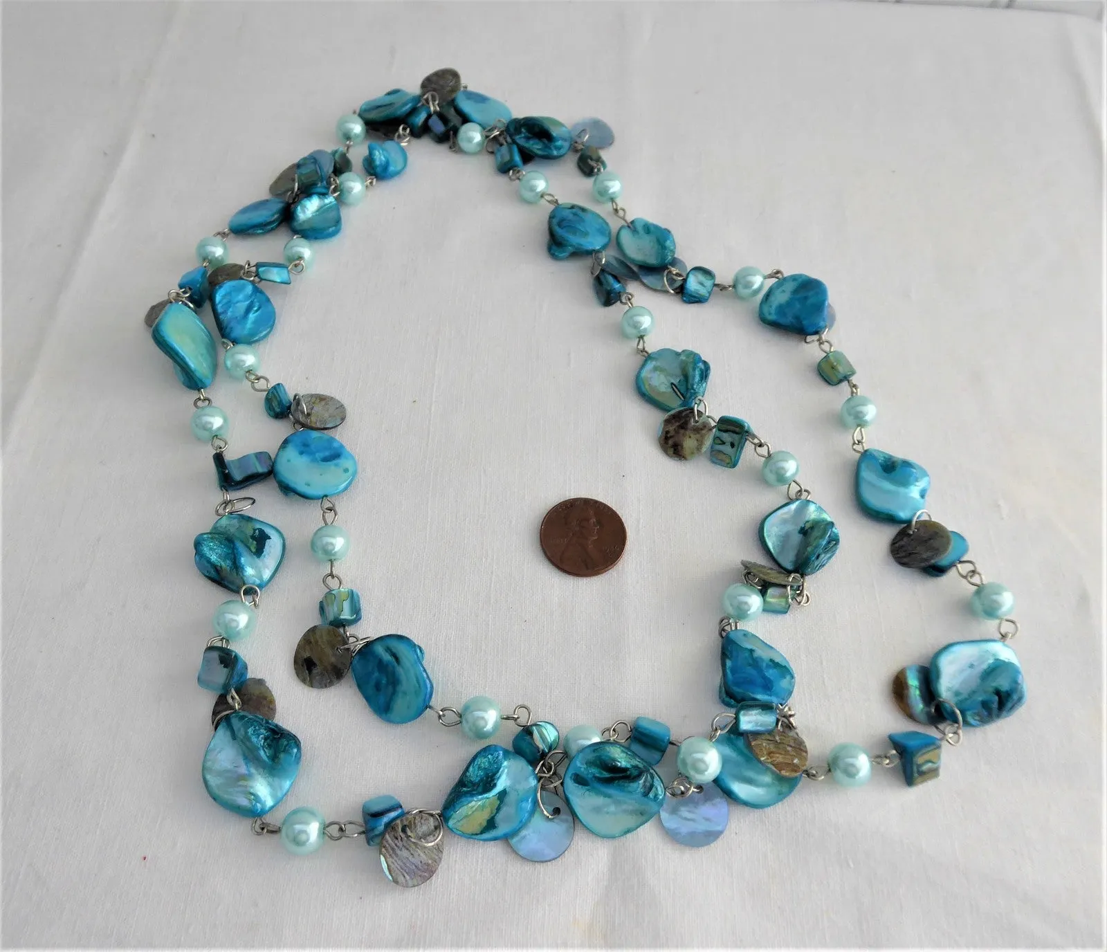 Long Beaded Necklace Turquoise Dyed Shell Beads Dangles Blue Pearl Beads 48 In