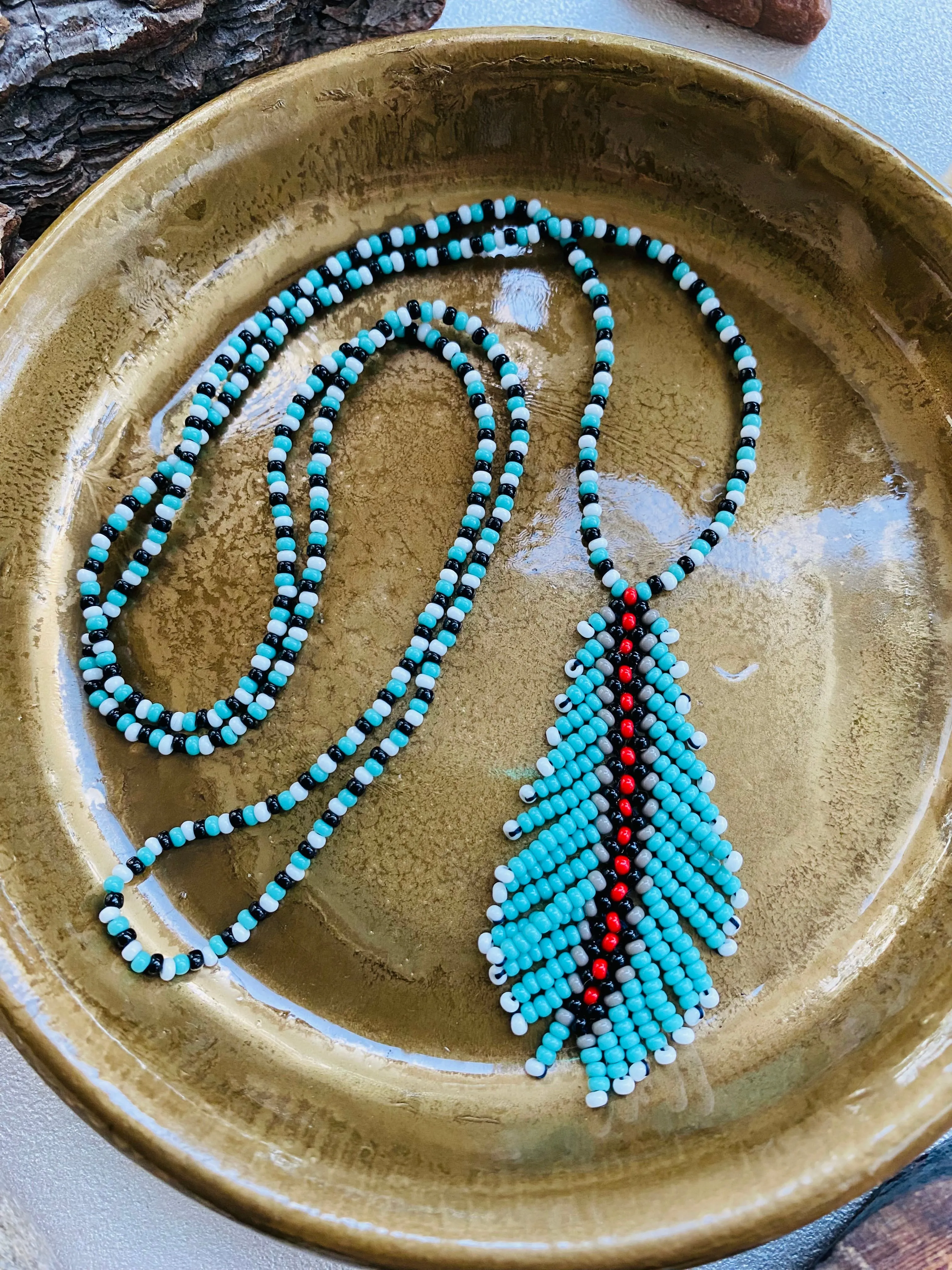 Long Seed Bead Feather Necklace, Handmade Turquoise Red Indigenous style Necklace Native inspired, Unique Statement Necklace, Boho Hippie Necklace