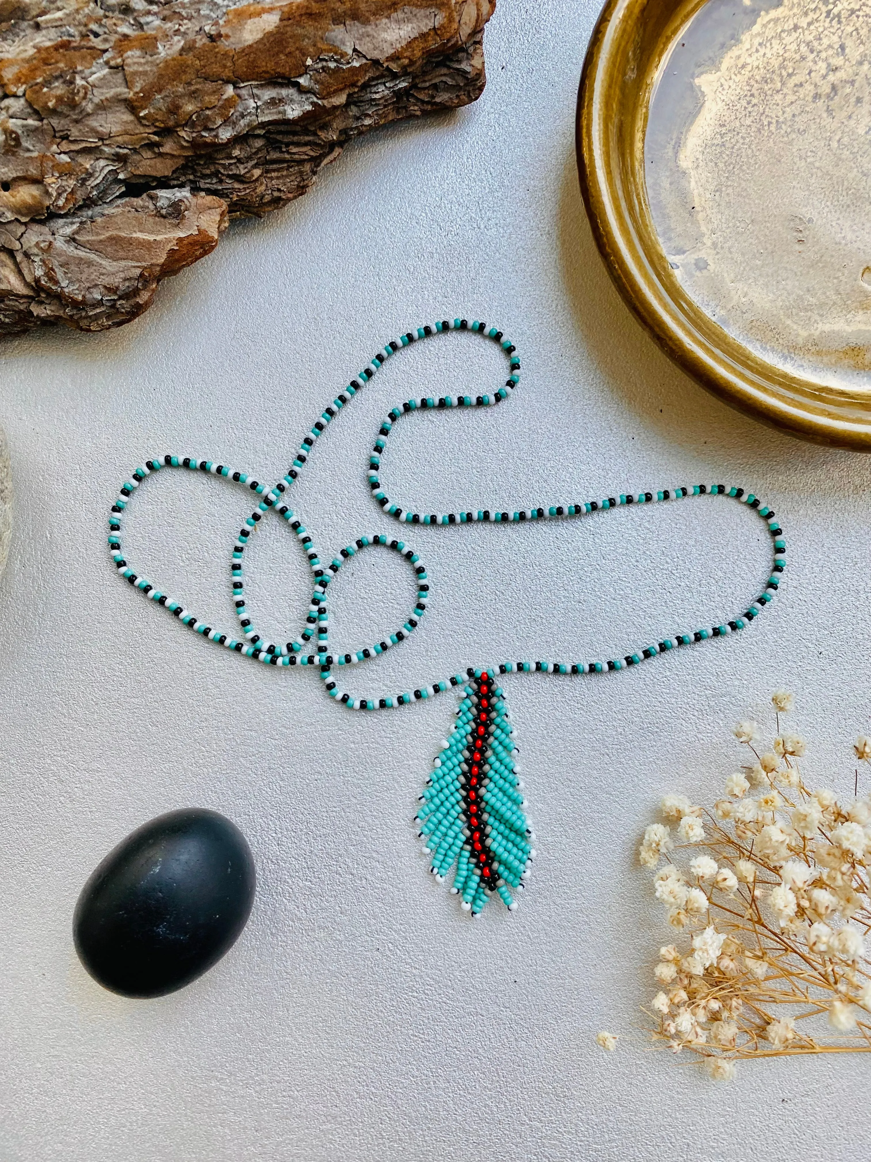 Long Seed Bead Feather Necklace, Handmade Turquoise Red Indigenous style Necklace Native inspired, Unique Statement Necklace, Boho Hippie Necklace