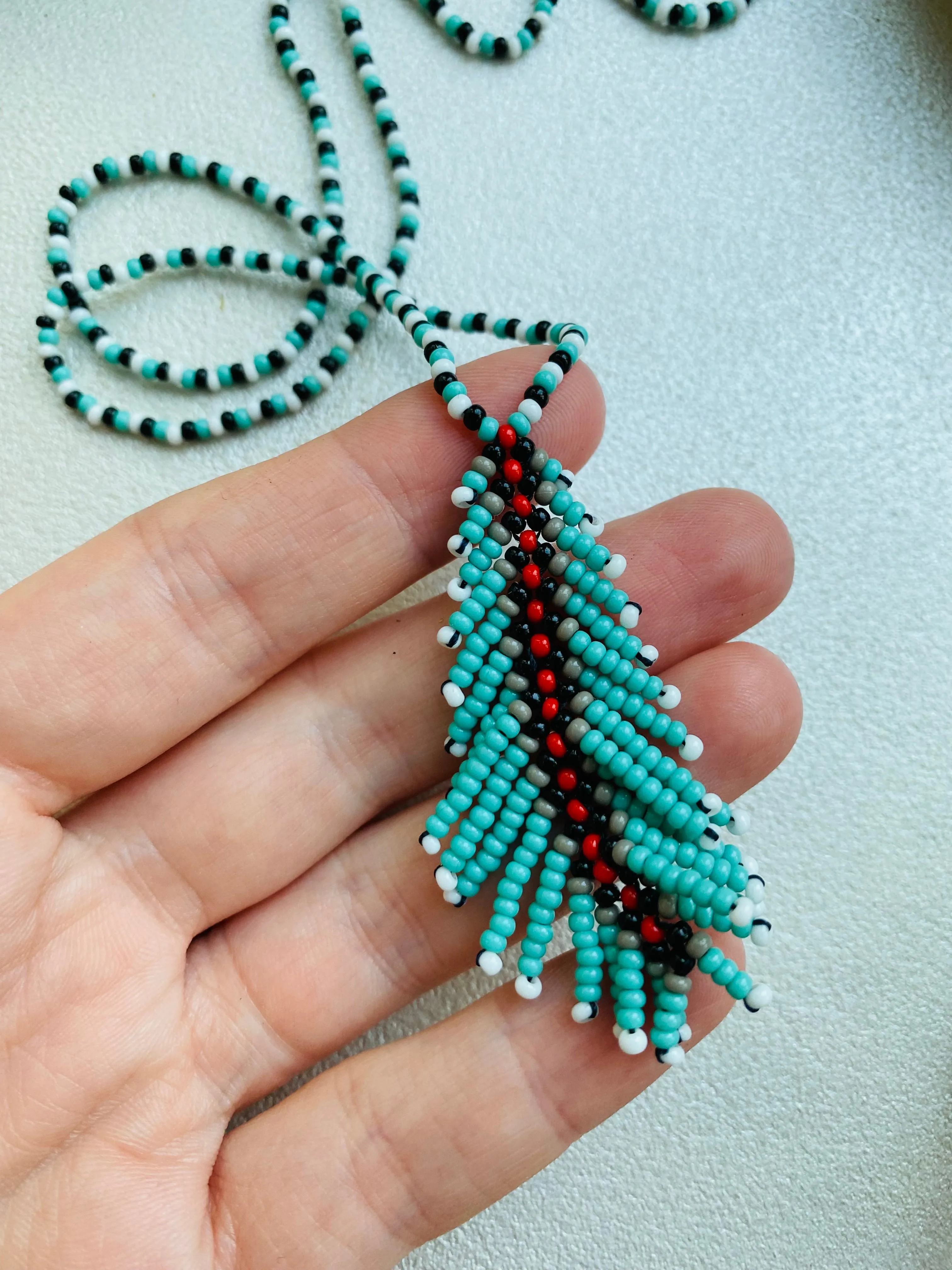 Long Seed Bead Feather Necklace, Handmade Turquoise Red Indigenous style Necklace Native inspired, Unique Statement Necklace, Boho Hippie Necklace