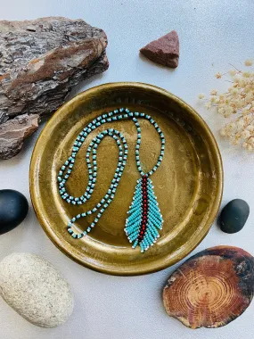 Long Seed Bead Feather Necklace, Handmade Turquoise Red Indigenous style Necklace Native inspired, Unique Statement Necklace, Boho Hippie Necklace