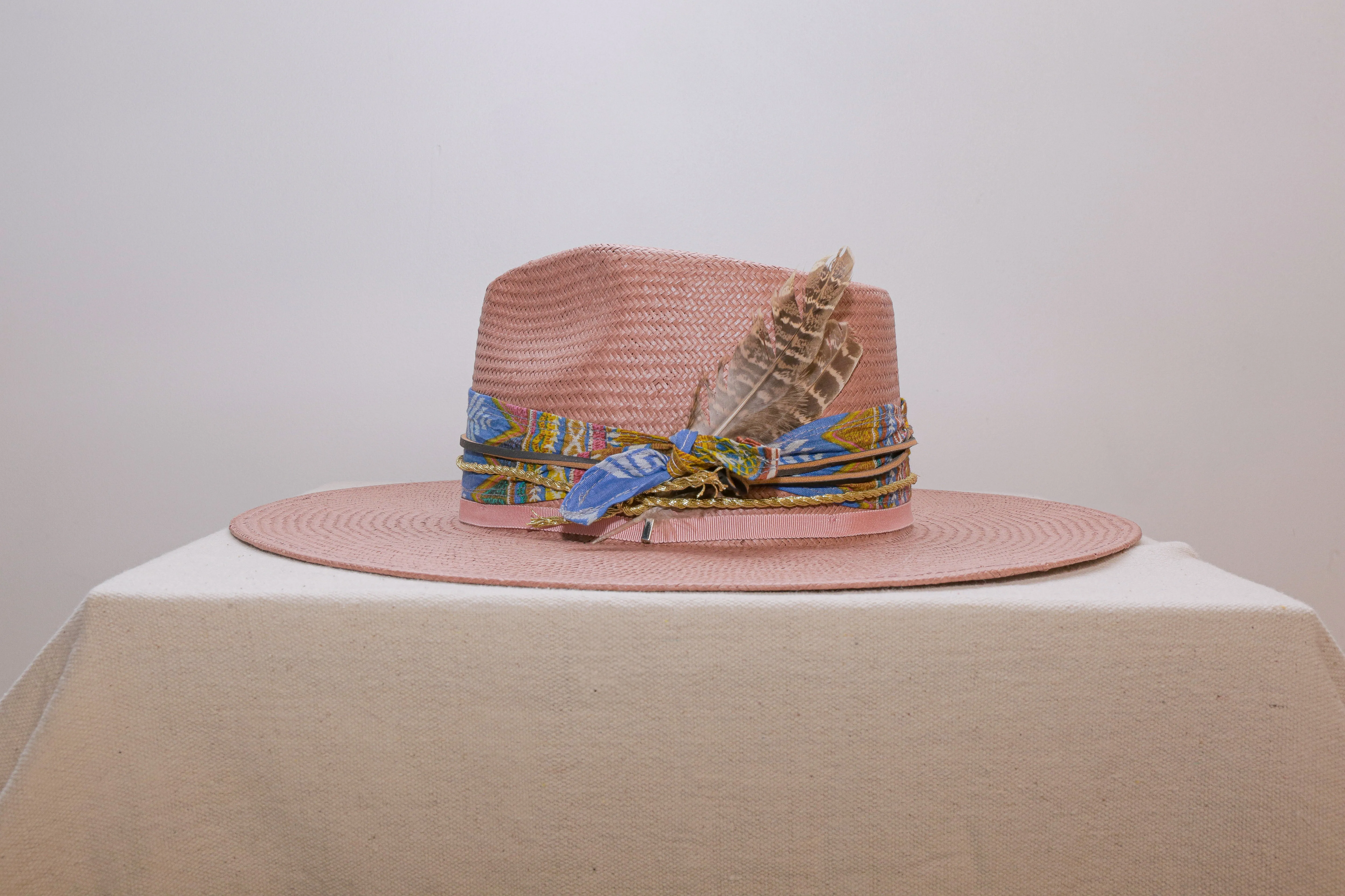 LS Upcycled Handmade Hatbands & Feathers Straw Hat