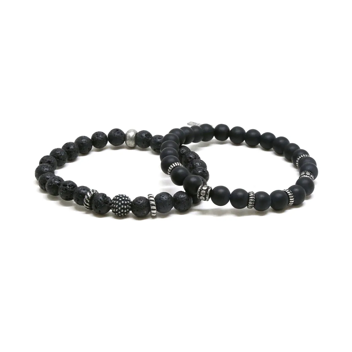 Mens Black Lava Stone Beaded Bracelet Set in Silver Ox