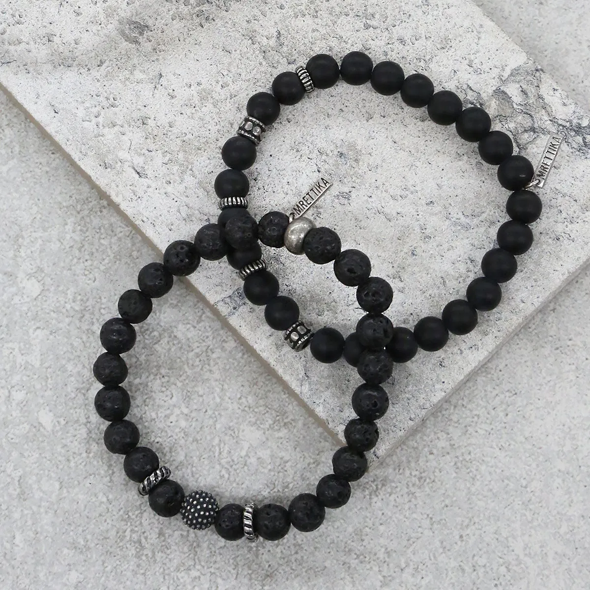 Mens Black Lava Stone Beaded Bracelet Set in Silver Ox