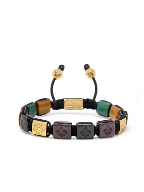 Men's Ceramic Flatbead Bracelet in Green, Red, Brown Tiger Eye, Green Jade and Gold