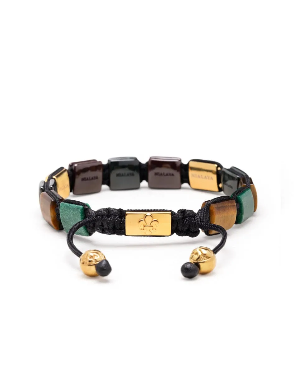 Men's Ceramic Flatbead Bracelet in Green, Red, Brown Tiger Eye, Green Jade and Gold