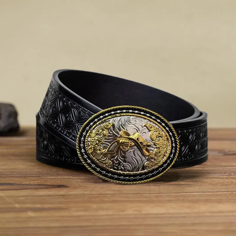 Men's DIY Western Cowboy Golden Oval Buckle Leather Belt