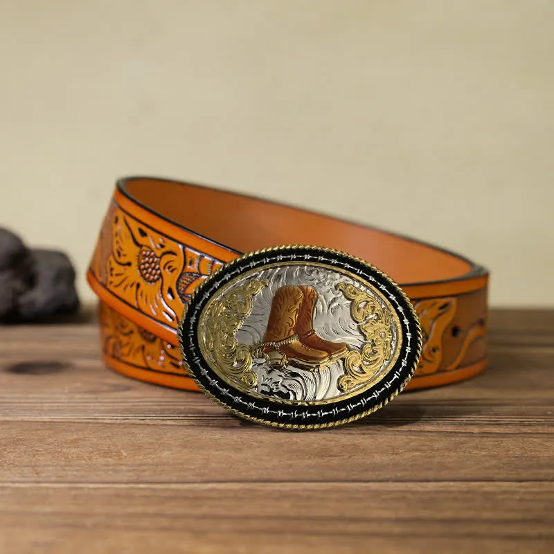 Men's DIY Western Cowboy Golden Oval Buckle Leather Belt