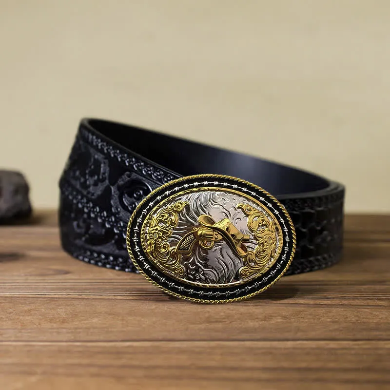 Men's DIY Western Cowboy Golden Oval Buckle Leather Belt