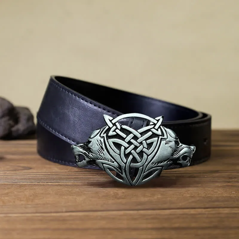 Men's DIY Wolf Head Celtic Knot Buckle Leather Belt