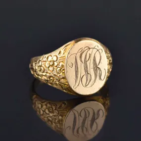 Mens Edwardian Gold Signet Ring, Forget Me Not Engraved