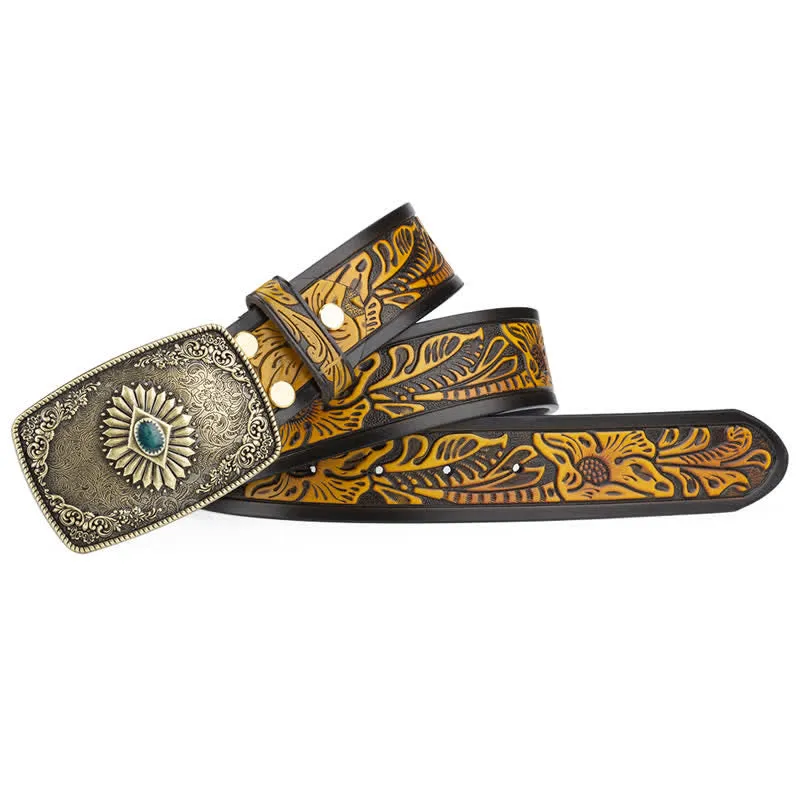 Men's Floral Engraving Pattern Automatic Buckle Leather Belt