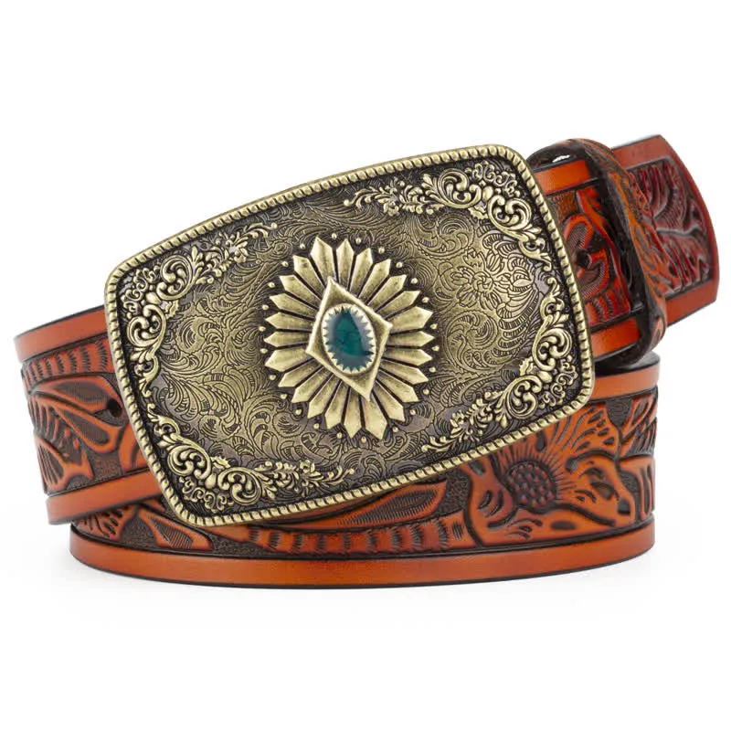 Men's Floral Engraving Pattern Automatic Buckle Leather Belt