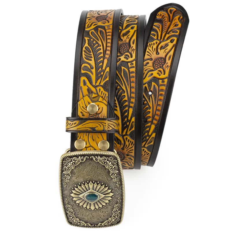 Men's Floral Engraving Pattern Automatic Buckle Leather Belt