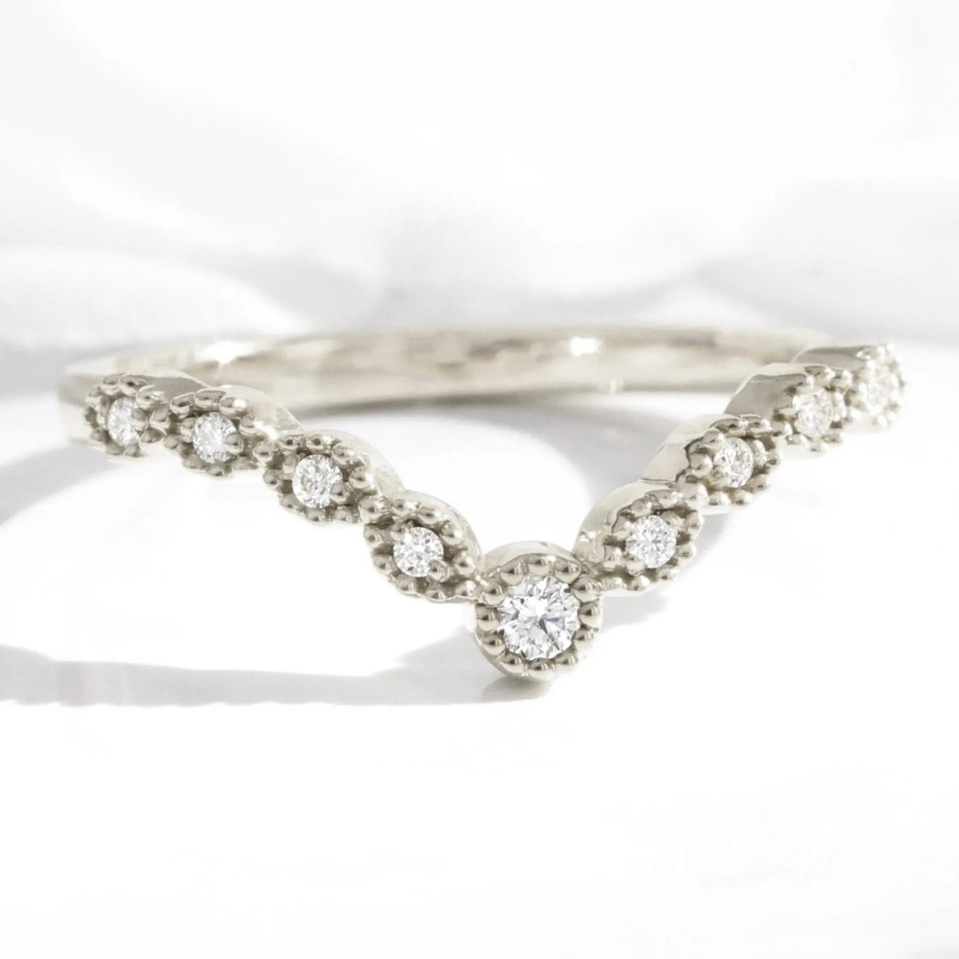 Milgrain Diamond Wedding Ring in V Shaped Contour Band