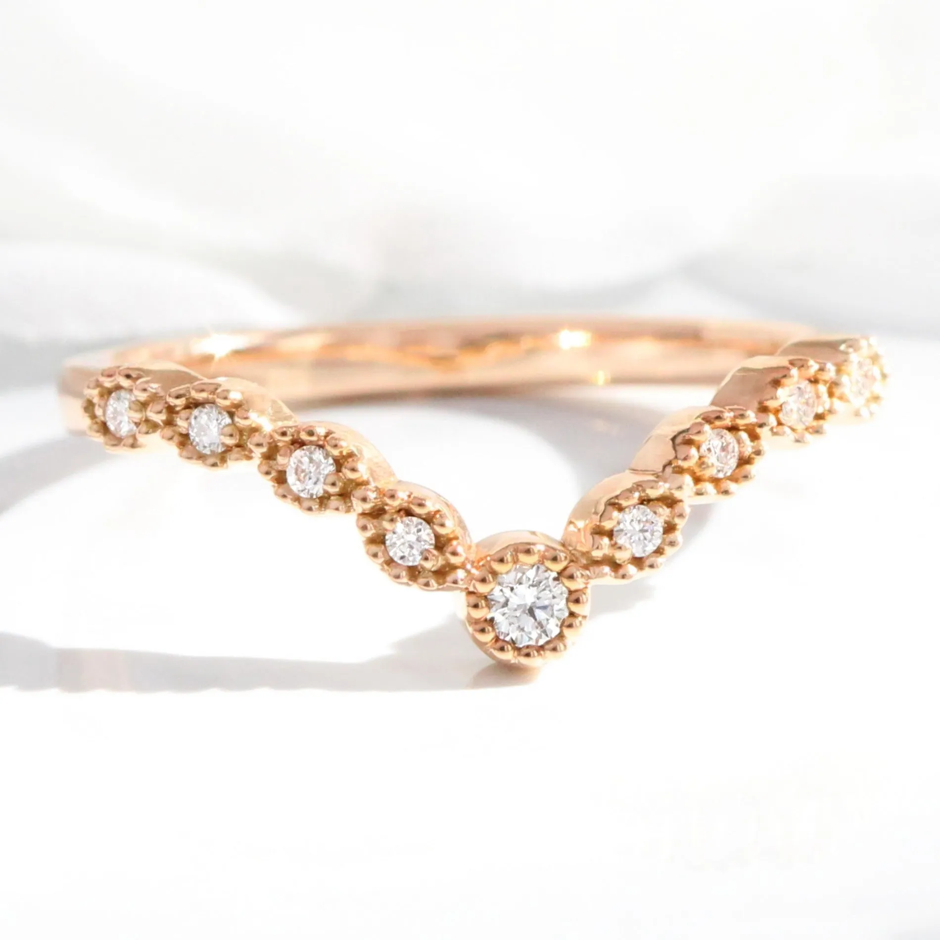 Milgrain Diamond Wedding Ring in V Shaped Contour Band