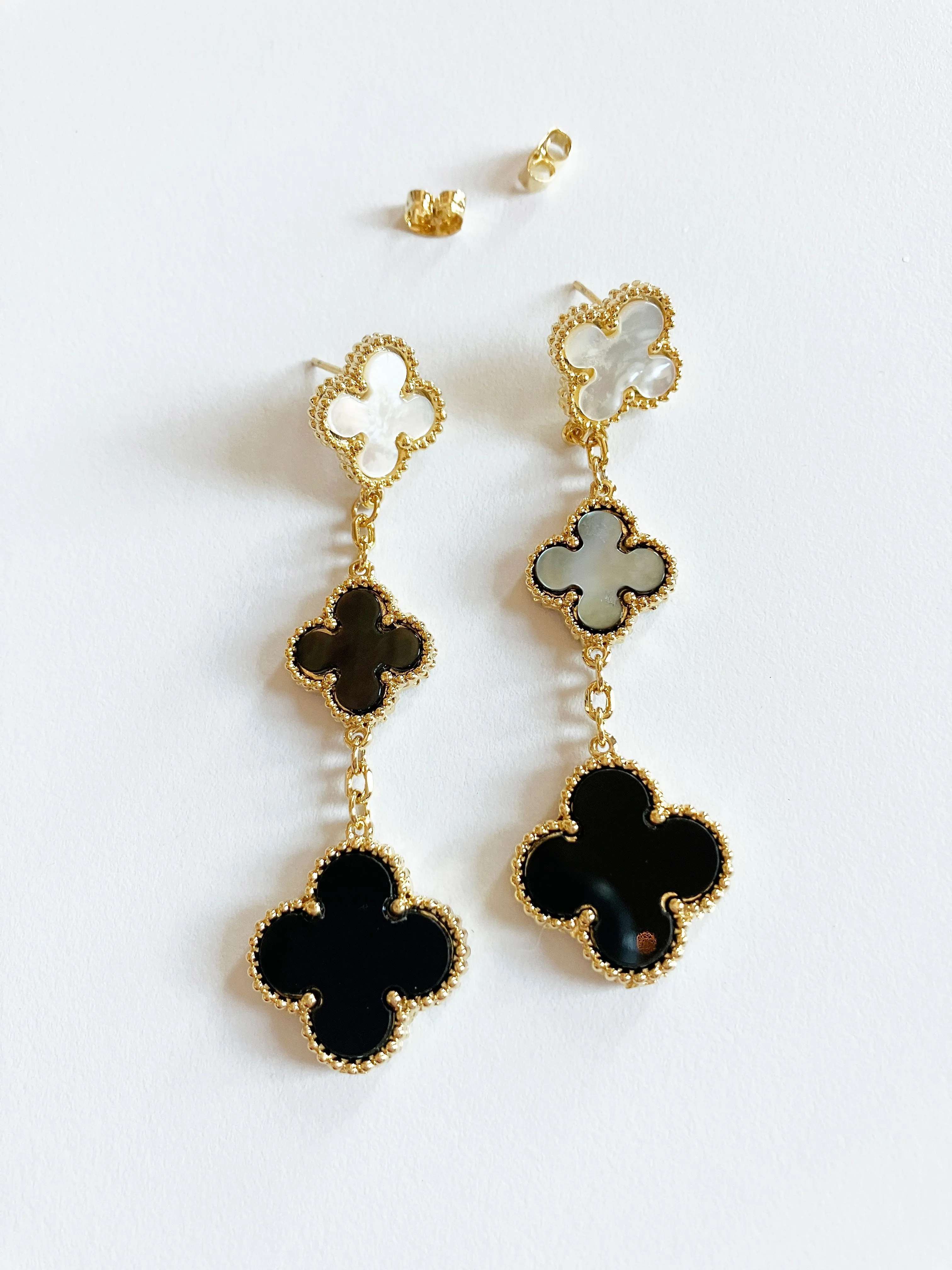 Mixed mother of Pearl and Onyx Triple-drop Earrings in Gold