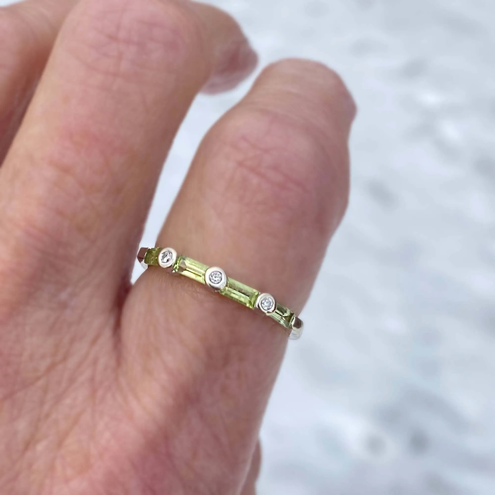 Modern Peridot Baguette Diamond Band Ring