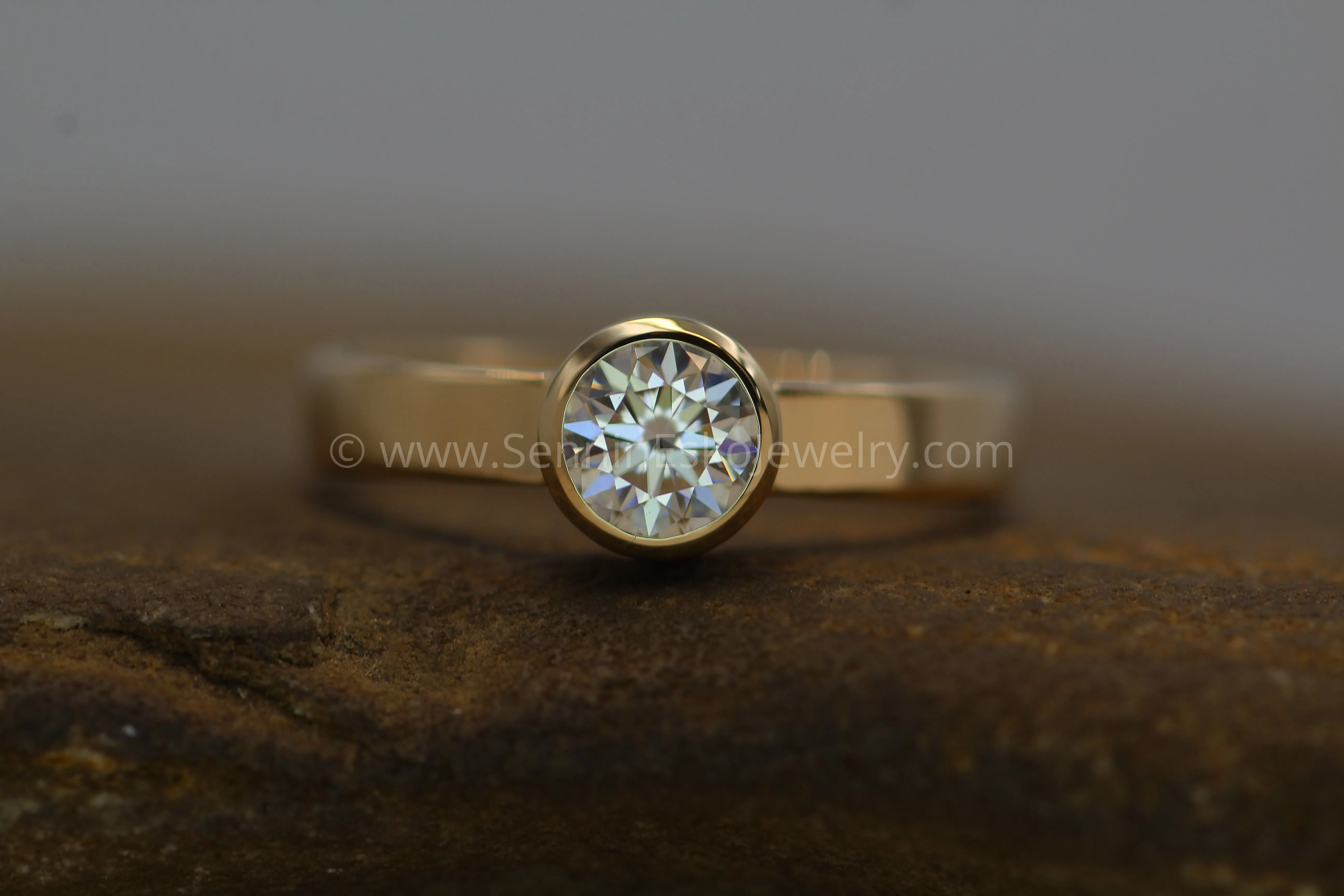 Moissanite Yellow Gold 5mm Glossy Bezel Engagement Ring - Flat Band