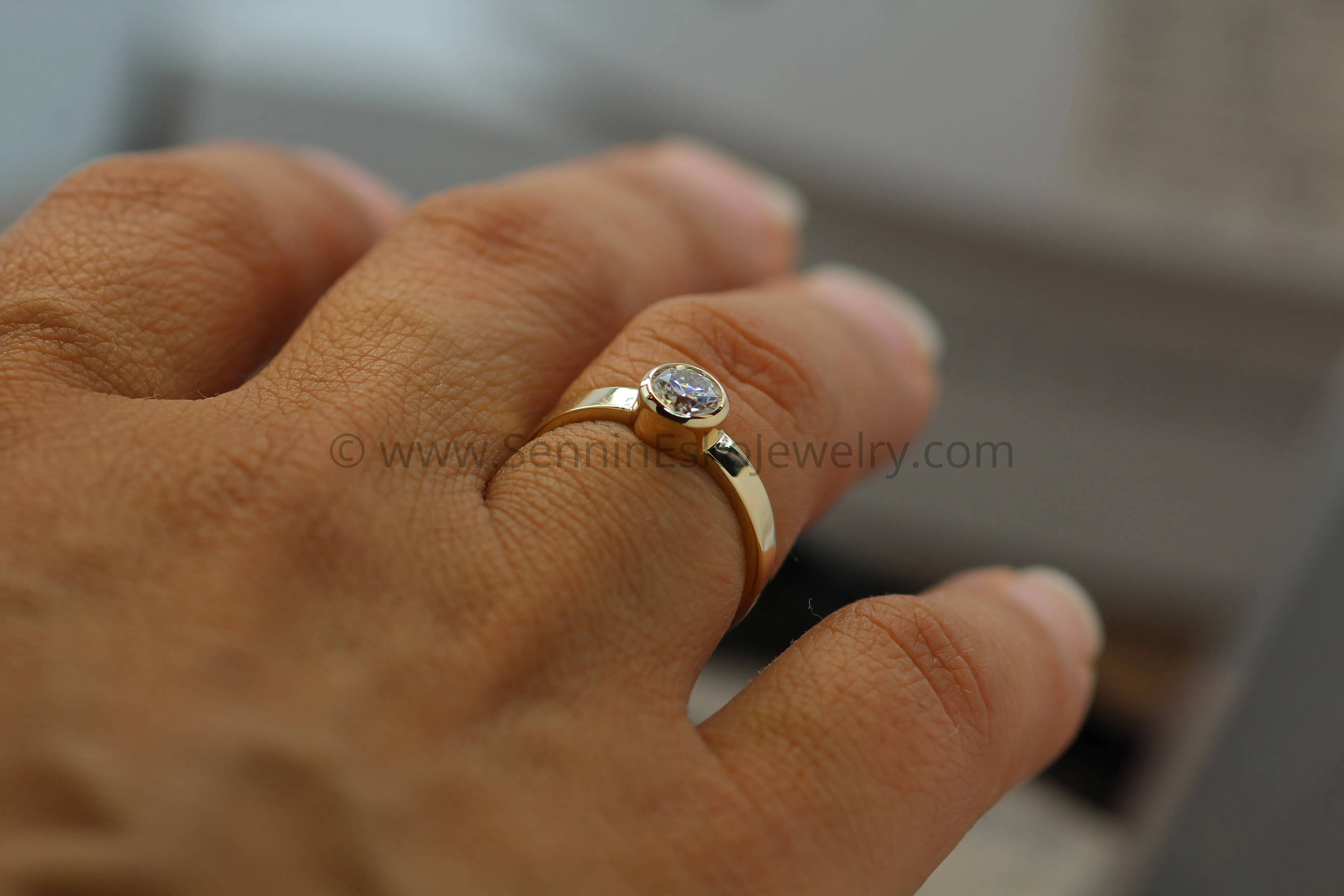 Moissanite Yellow Gold 5mm Glossy Bezel Engagement Ring - Flat Band