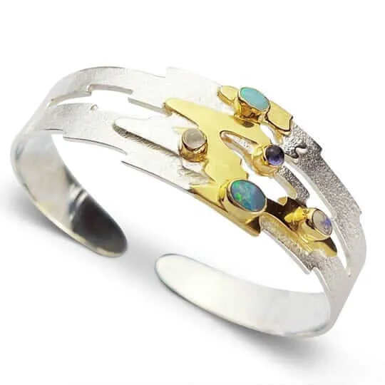 Monet Reflections Water Lily Bangle - Sterling Silver with Opals, Moonstone & Amethyst