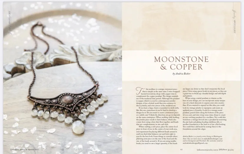 Moonstone and copper pendant, statement, necklace. Published in Belle Armoire Magazine.