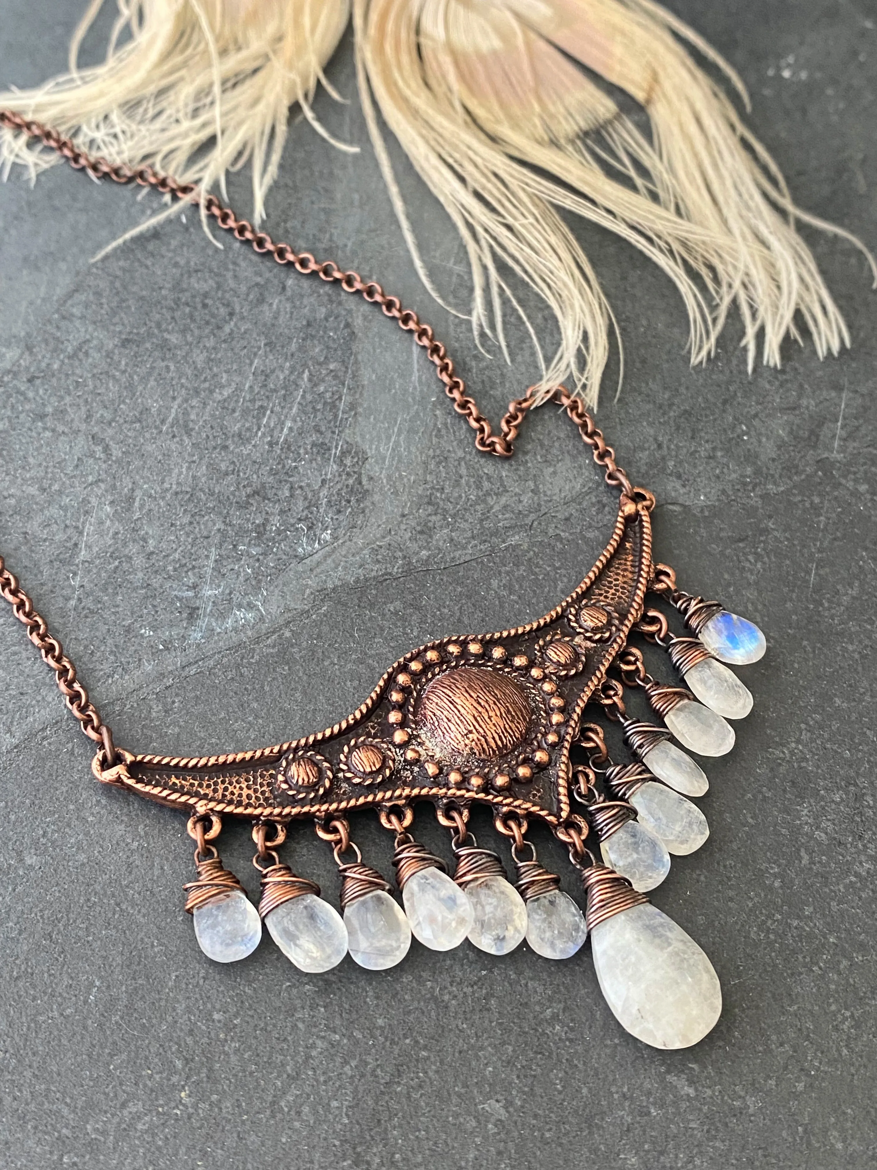 Moonstone and copper pendant, statement, necklace. Published in Belle Armoire Magazine.