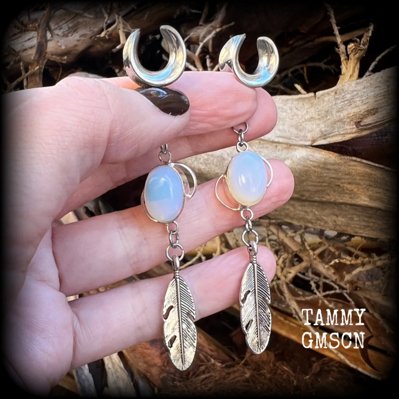 Moonstone and silver feather ear hangers-Gemstone goddess ear weights