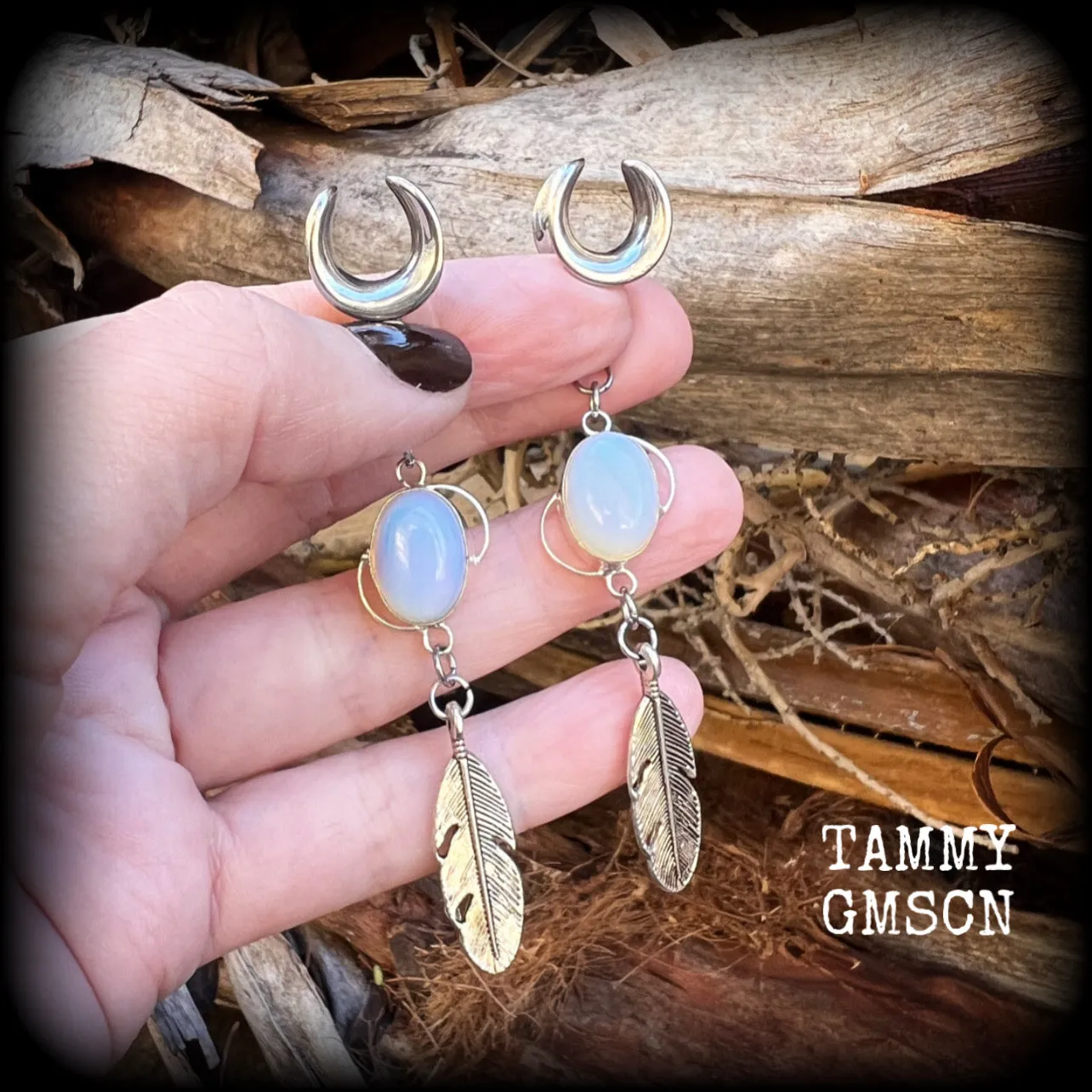 Moonstone and silver feather ear hangers-Gemstone goddess ear weights